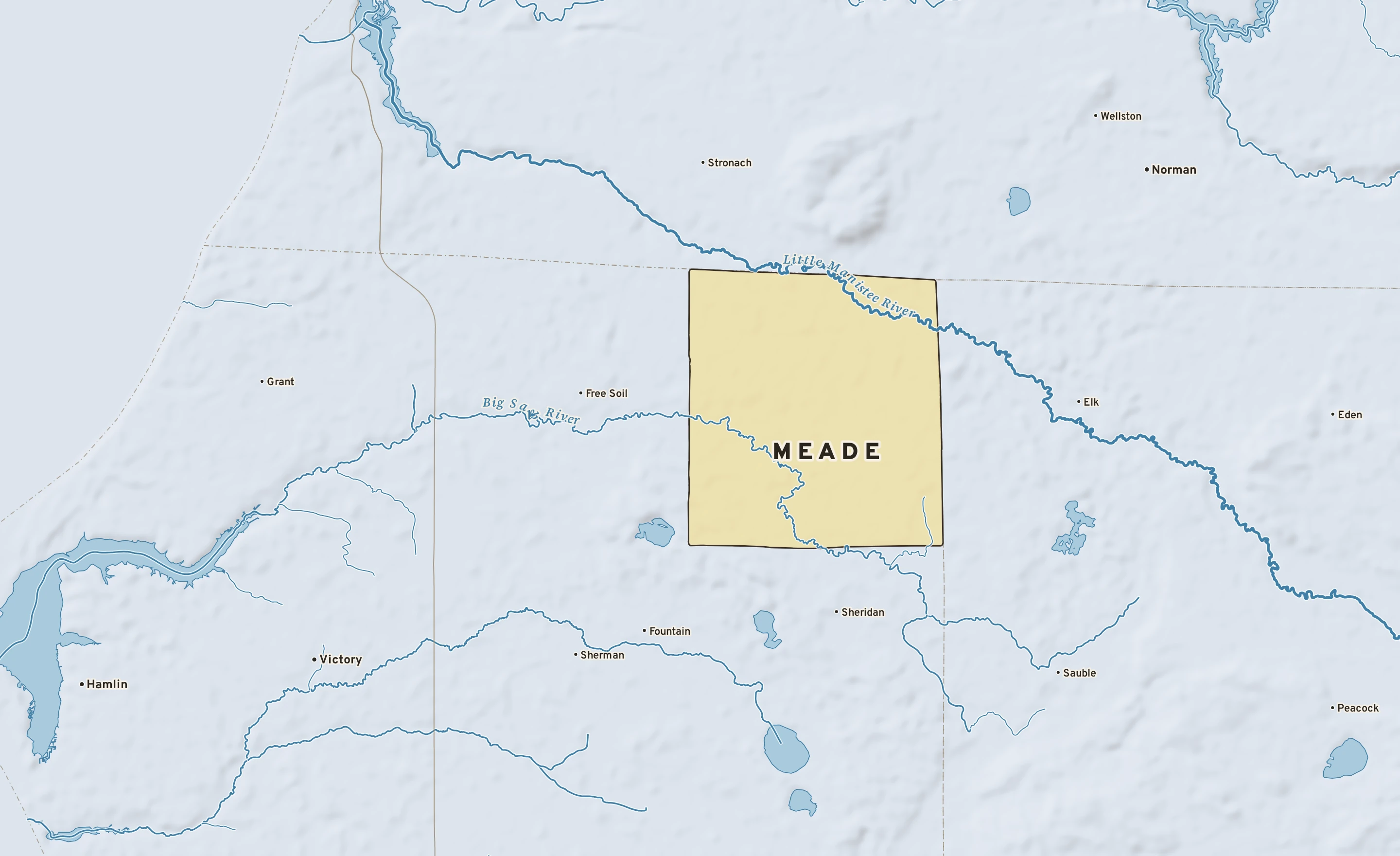 Shaded-relief atlas plate of Meade, Michigan: rivers, roads, the city limits and where the water drains.