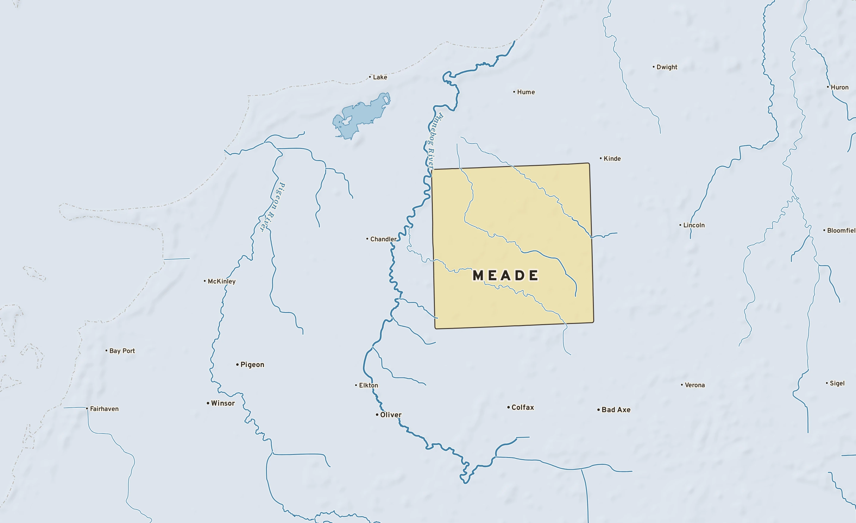 Shaded-relief atlas plate of Meade, Michigan: rivers, roads, the city limits and where the water drains.