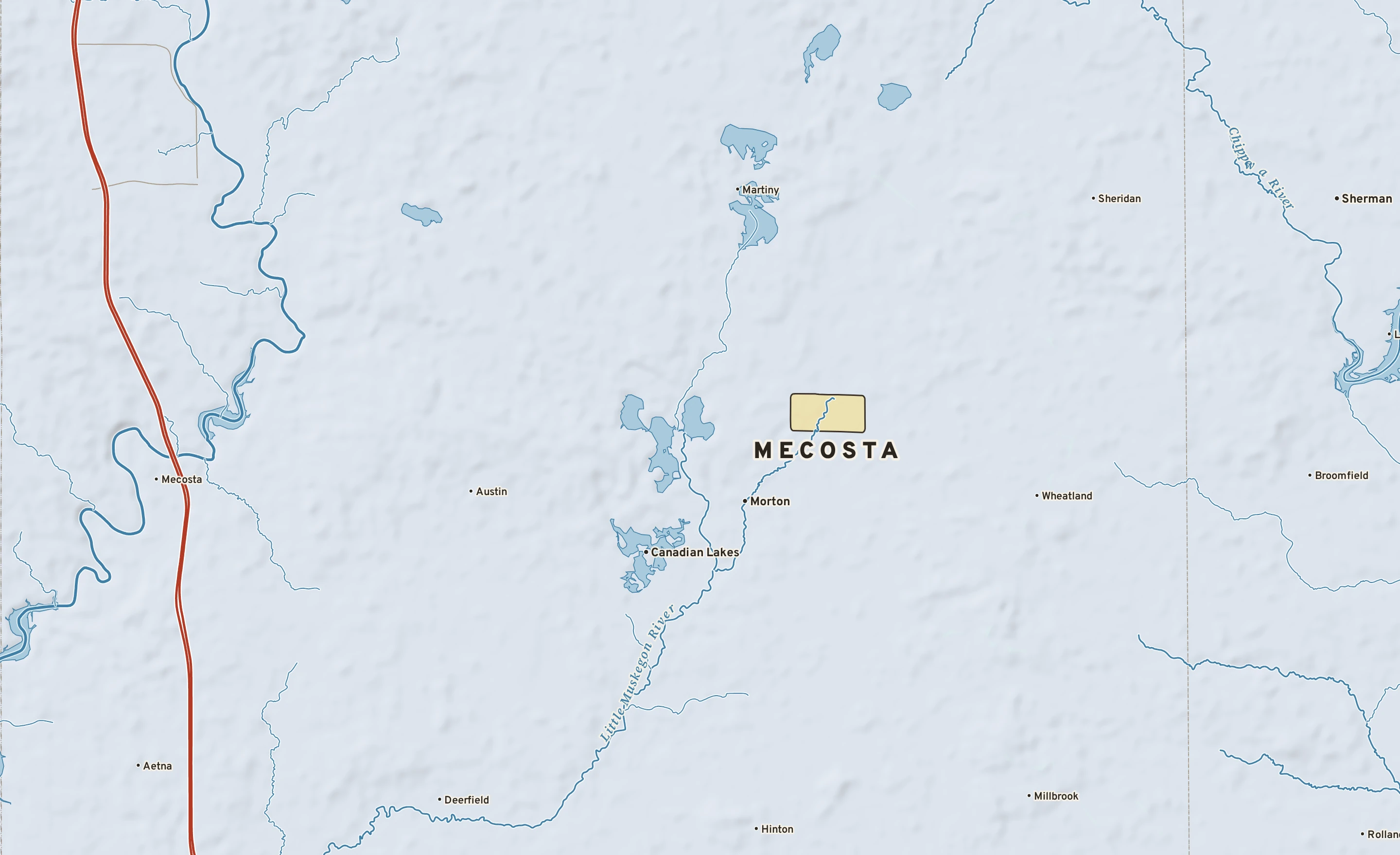 Shaded-relief atlas plate of Mecosta, Michigan: rivers, roads, the city limits and where the water drains.