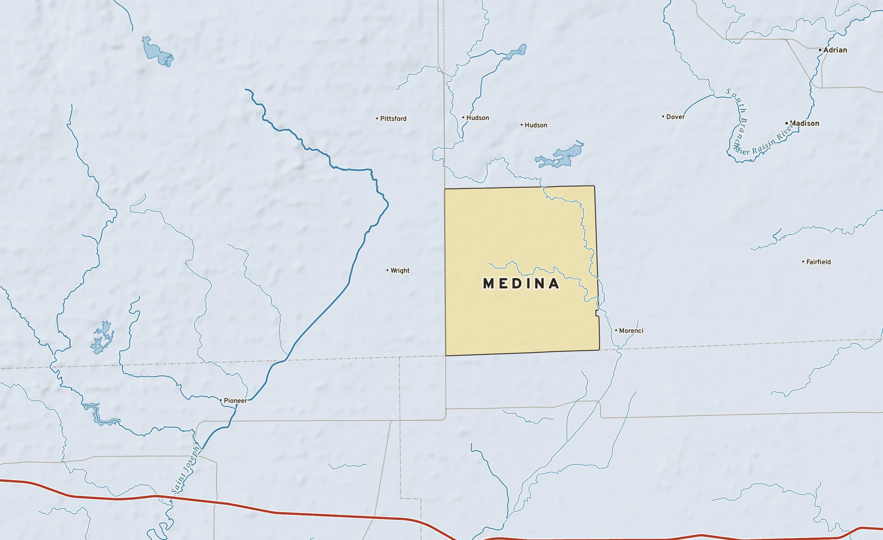 Shaded-relief atlas plate of Medina, Michigan: rivers, roads, the city limits and where the water drains.