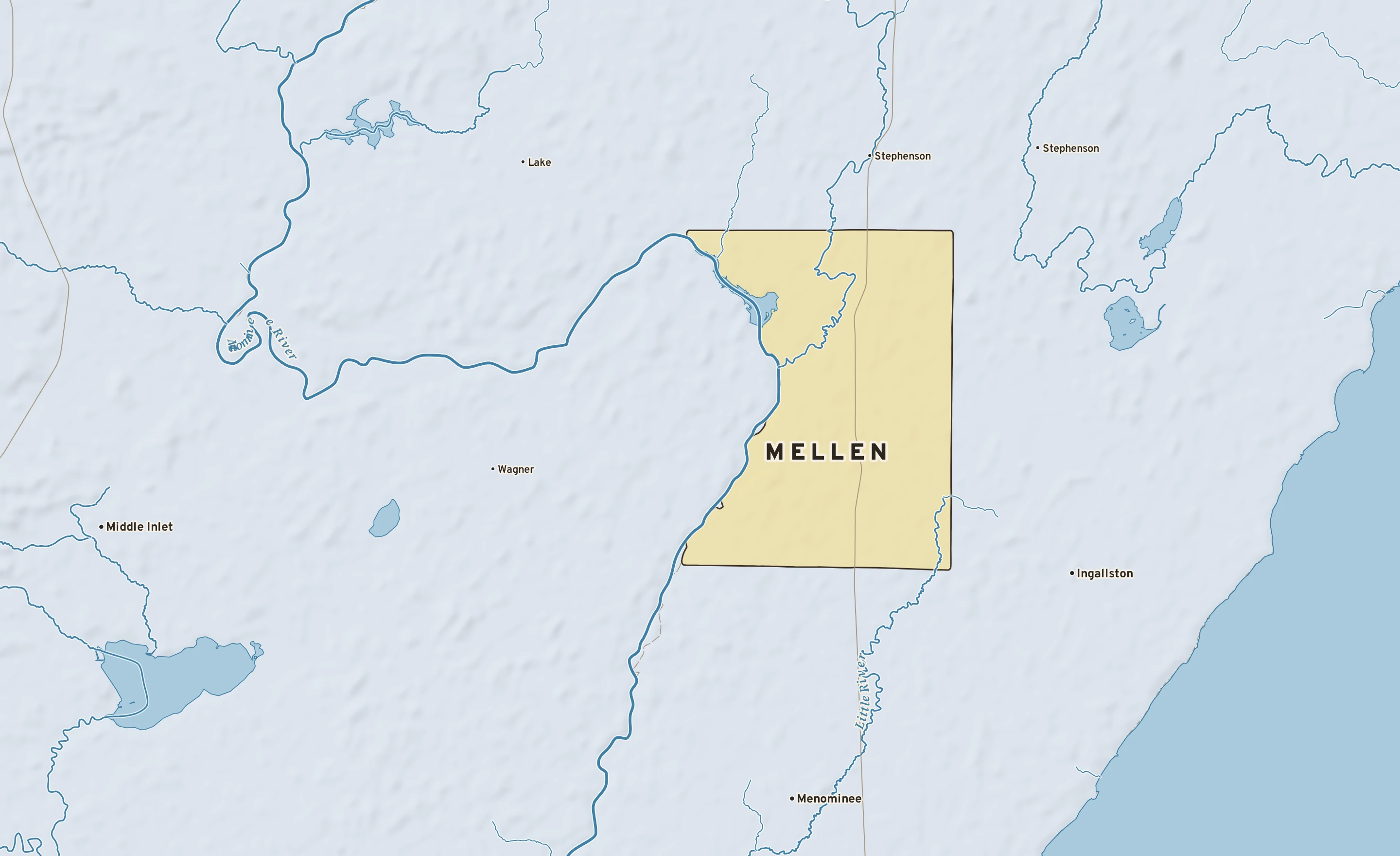 Shaded-relief atlas plate of Mellen, Michigan: rivers, roads, the city limits and where the water drains.