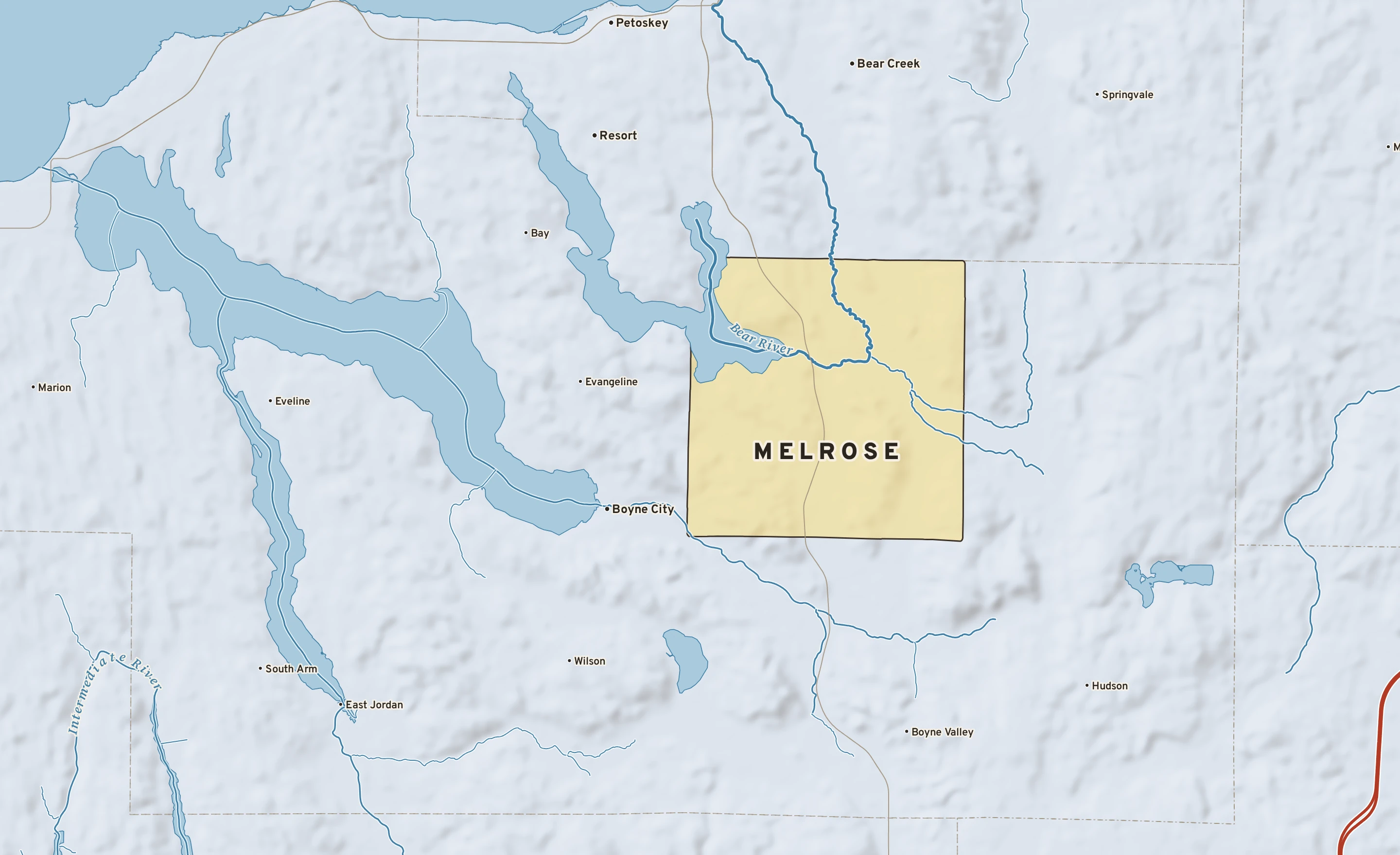 Shaded-relief atlas plate of Melrose, Michigan: rivers, roads, the city limits and where the water drains.