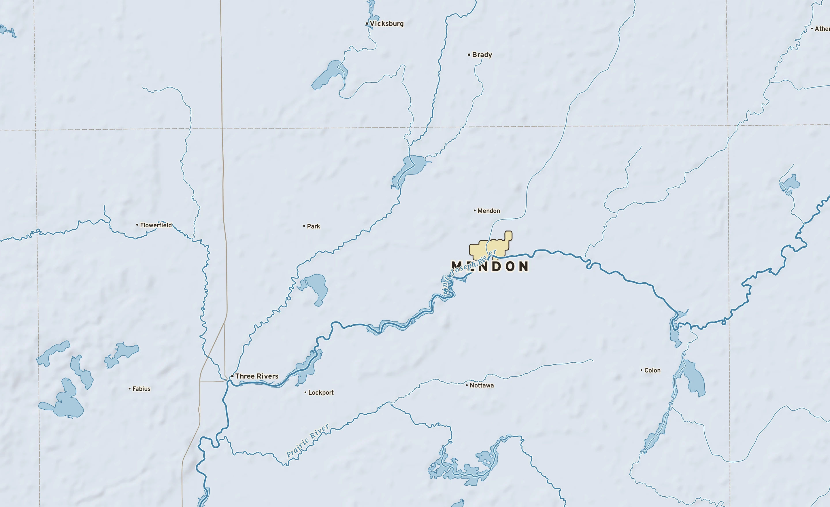 Shaded-relief atlas plate of Mendon, Michigan: rivers, roads, the city limits and where the water drains.
