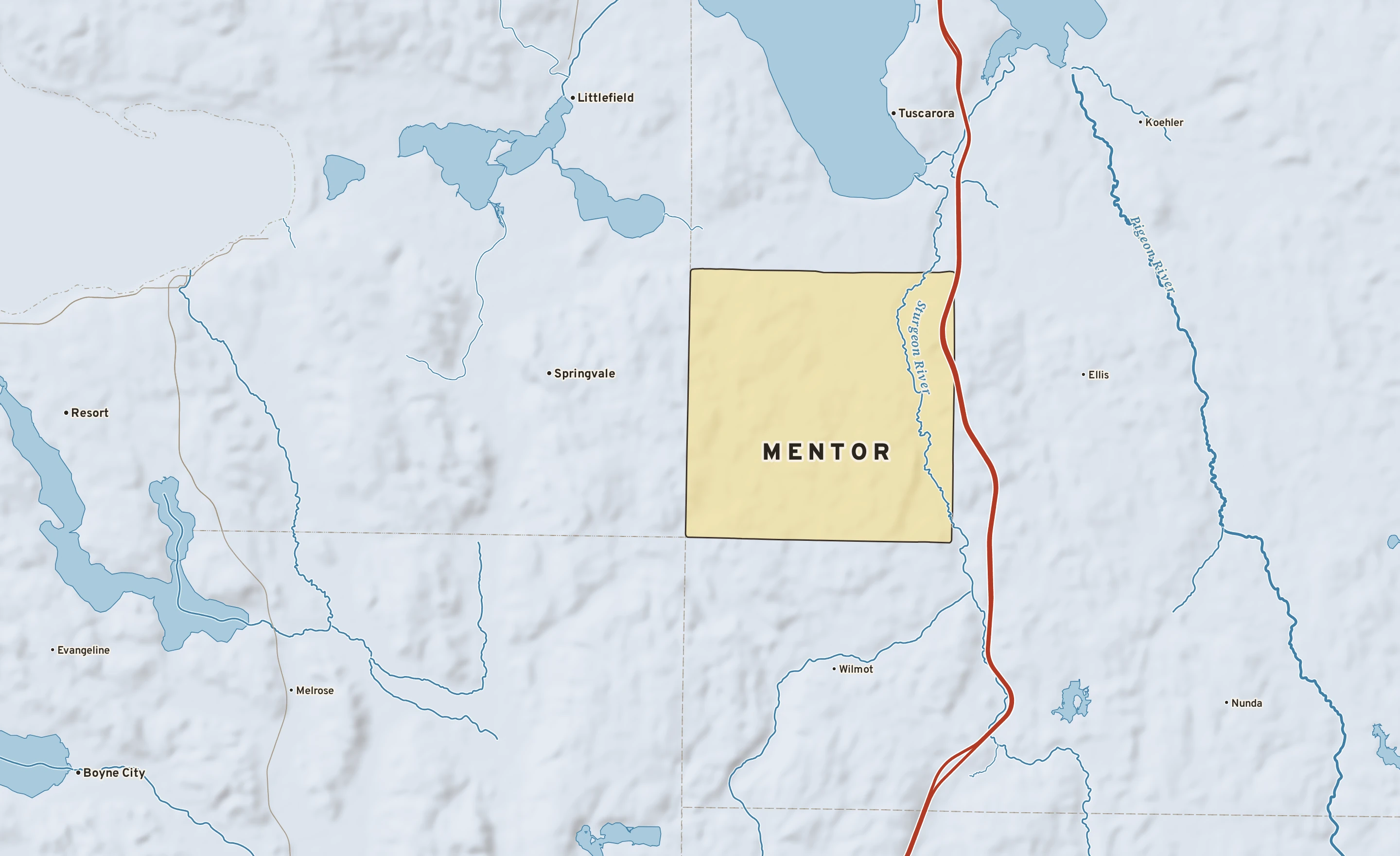 Shaded-relief atlas plate of Mentor, Michigan: rivers, roads, the city limits and where the water drains.