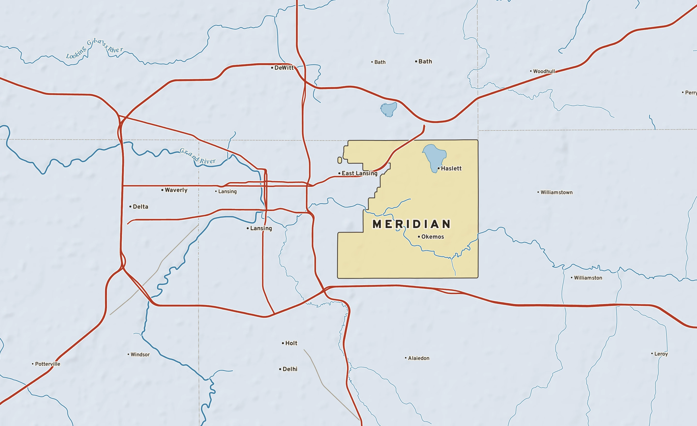 Shaded-relief atlas plate of Meridian, Michigan: rivers, roads, the city limits and where the water drains.