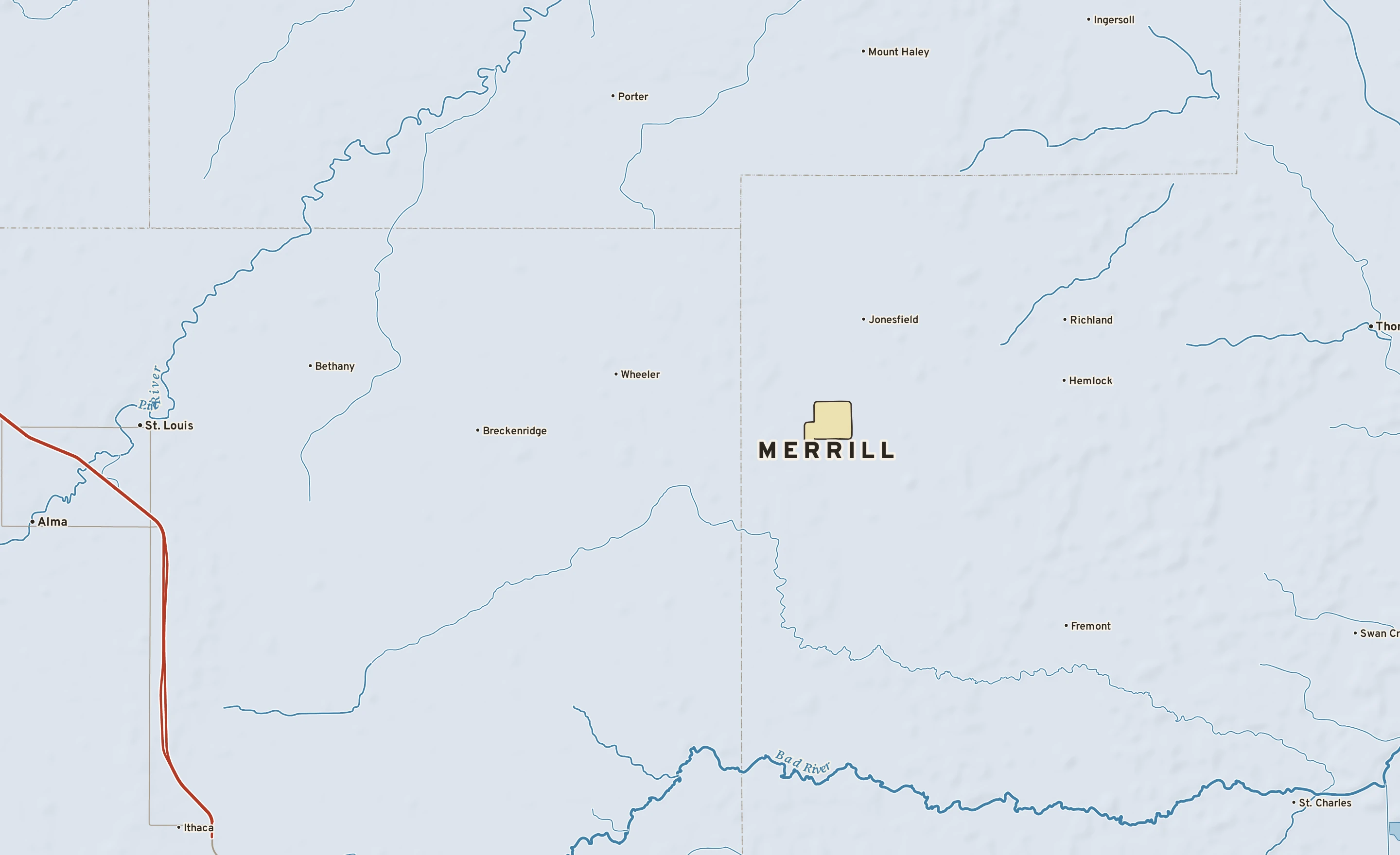 Shaded-relief atlas plate of Merrill, Michigan: rivers, roads, the city limits and where the water drains.