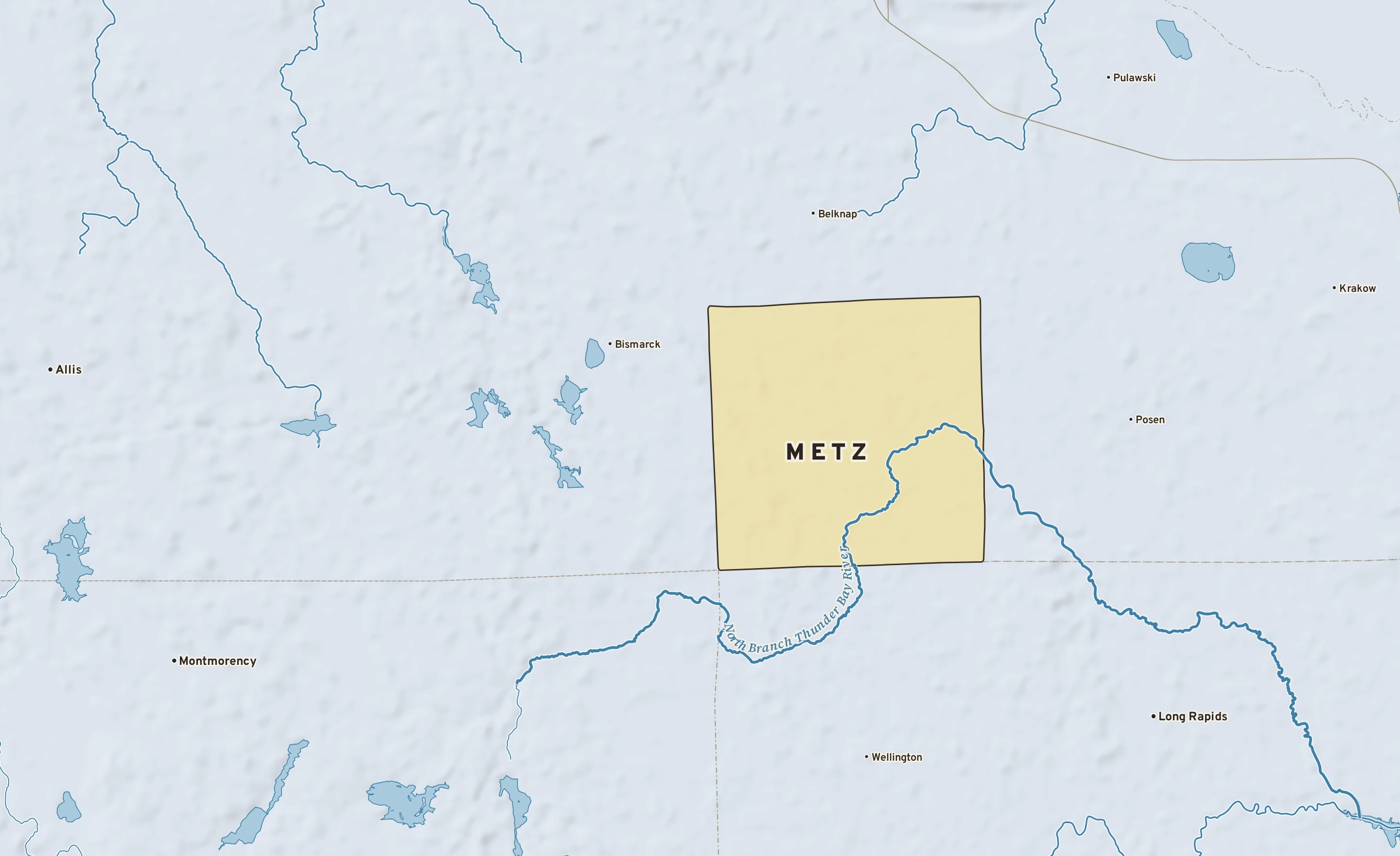 Shaded-relief atlas plate of Metz, Michigan: rivers, roads, the city limits and where the water drains.