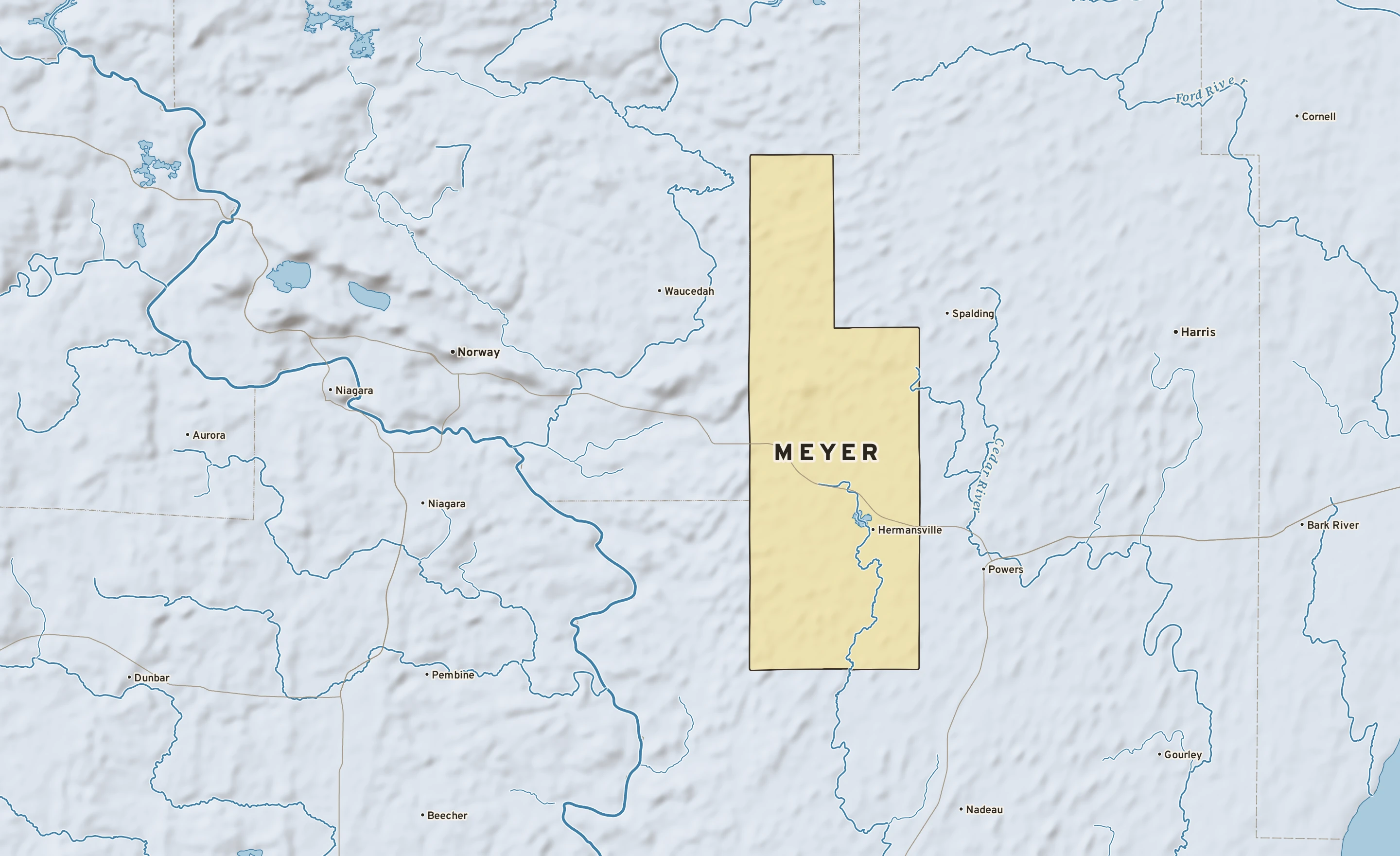 Shaded-relief atlas plate of Meyer, Michigan: rivers, roads, the city limits and where the water drains.