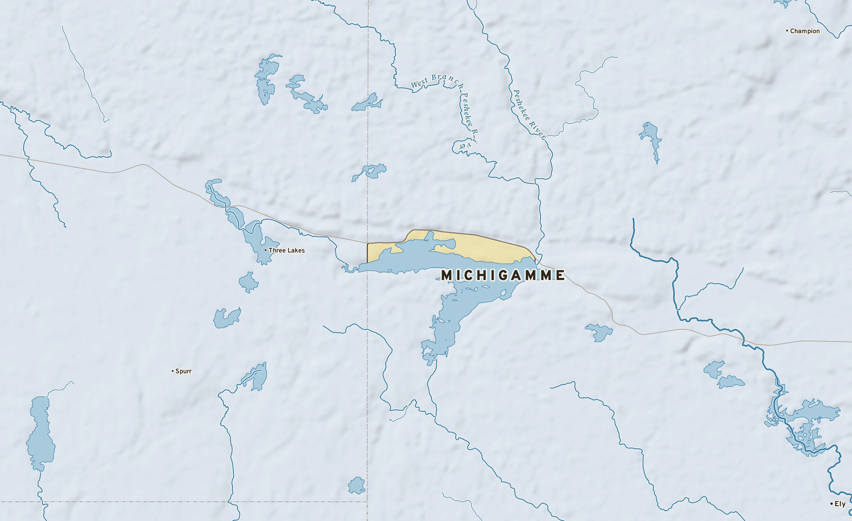 Shaded-relief atlas plate of Michigamme, Michigan: rivers, roads, the city limits and where the water drains.