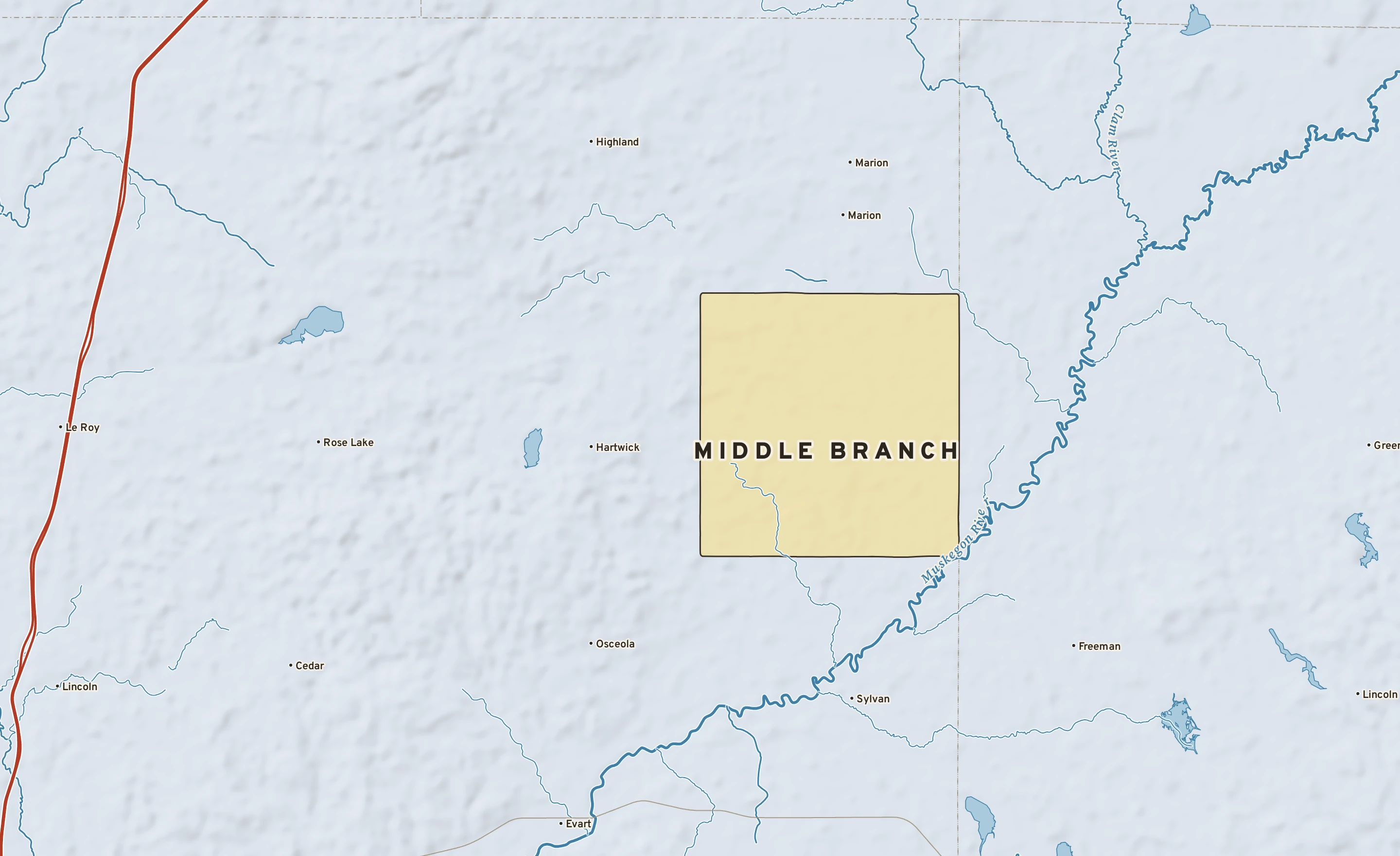 Shaded-relief atlas plate of Middle Branch, Michigan: rivers, roads, the city limits and where the water drains.