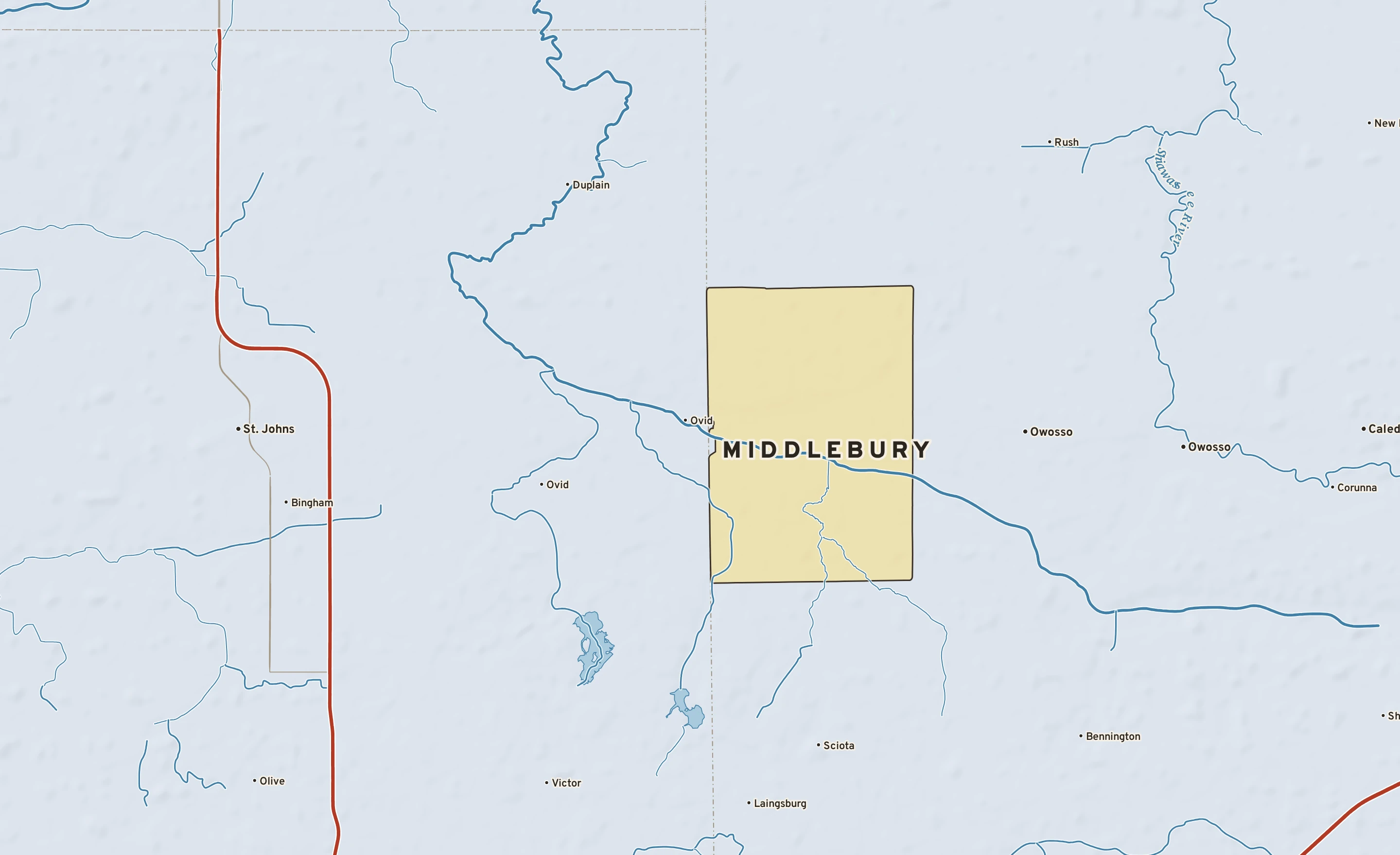 Shaded-relief atlas plate of Middlebury, Michigan: rivers, roads, the city limits and where the water drains.