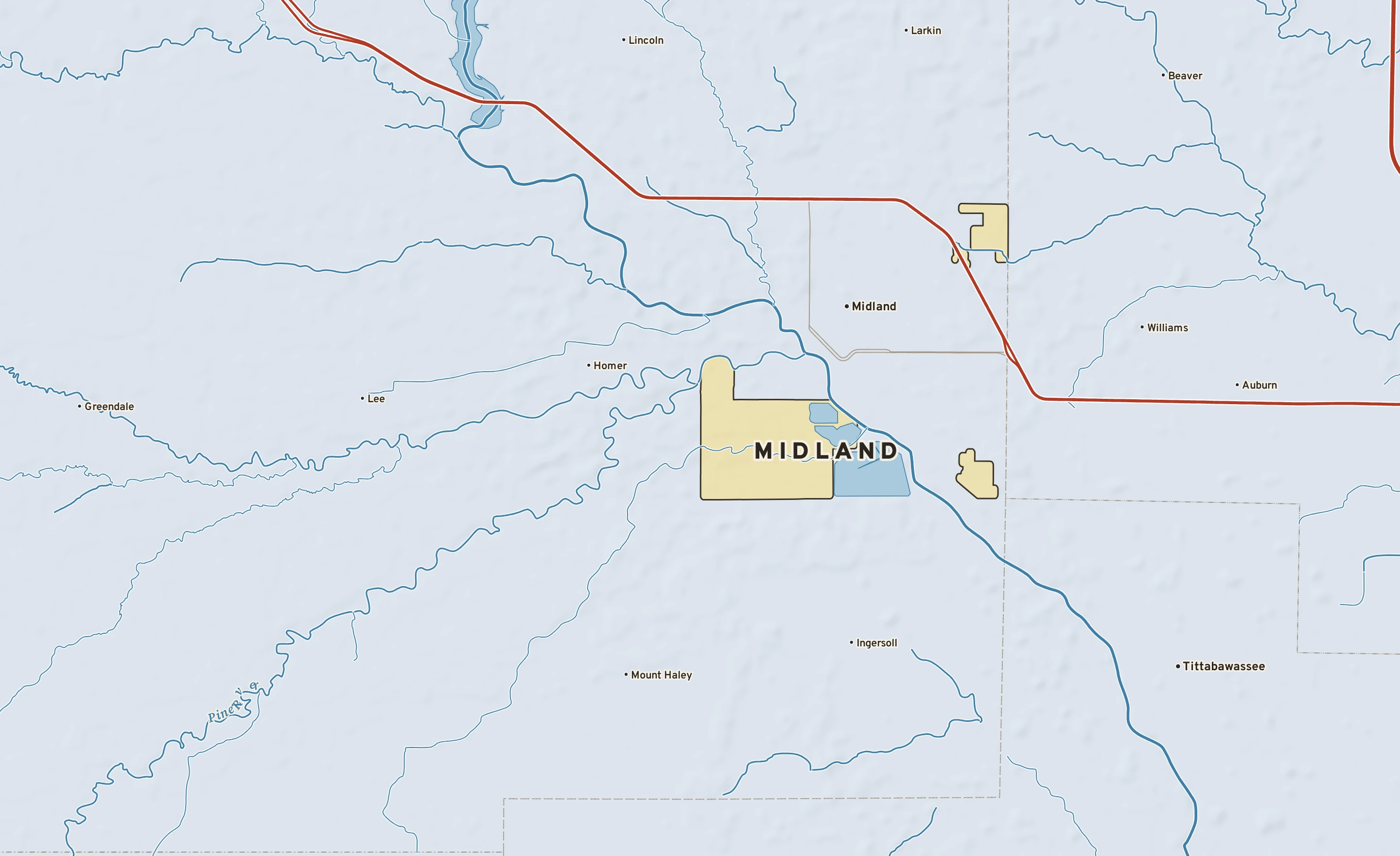 Shaded-relief atlas plate of Midland, Michigan: rivers, roads, the city limits and where the water drains.