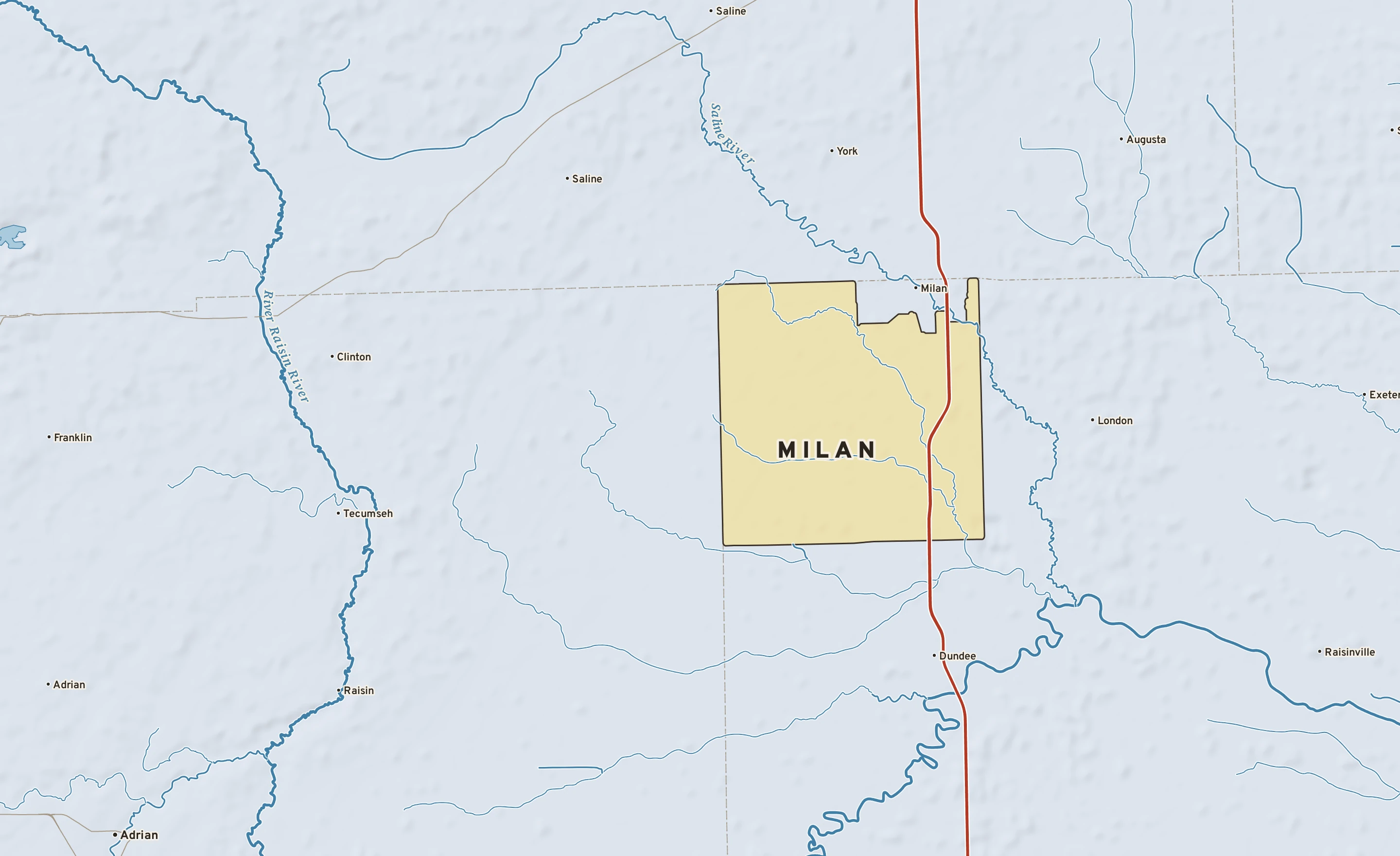 Shaded-relief atlas plate of Milan, Michigan: rivers, roads, the city limits and where the water drains.