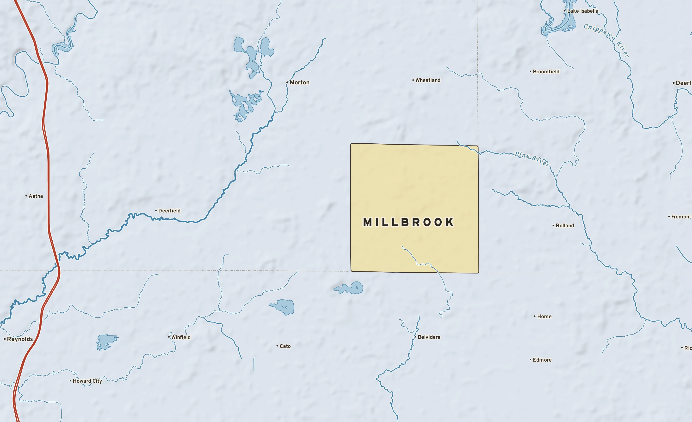 Shaded-relief atlas plate of Millbrook, Michigan: rivers, roads, the city limits and where the water drains.