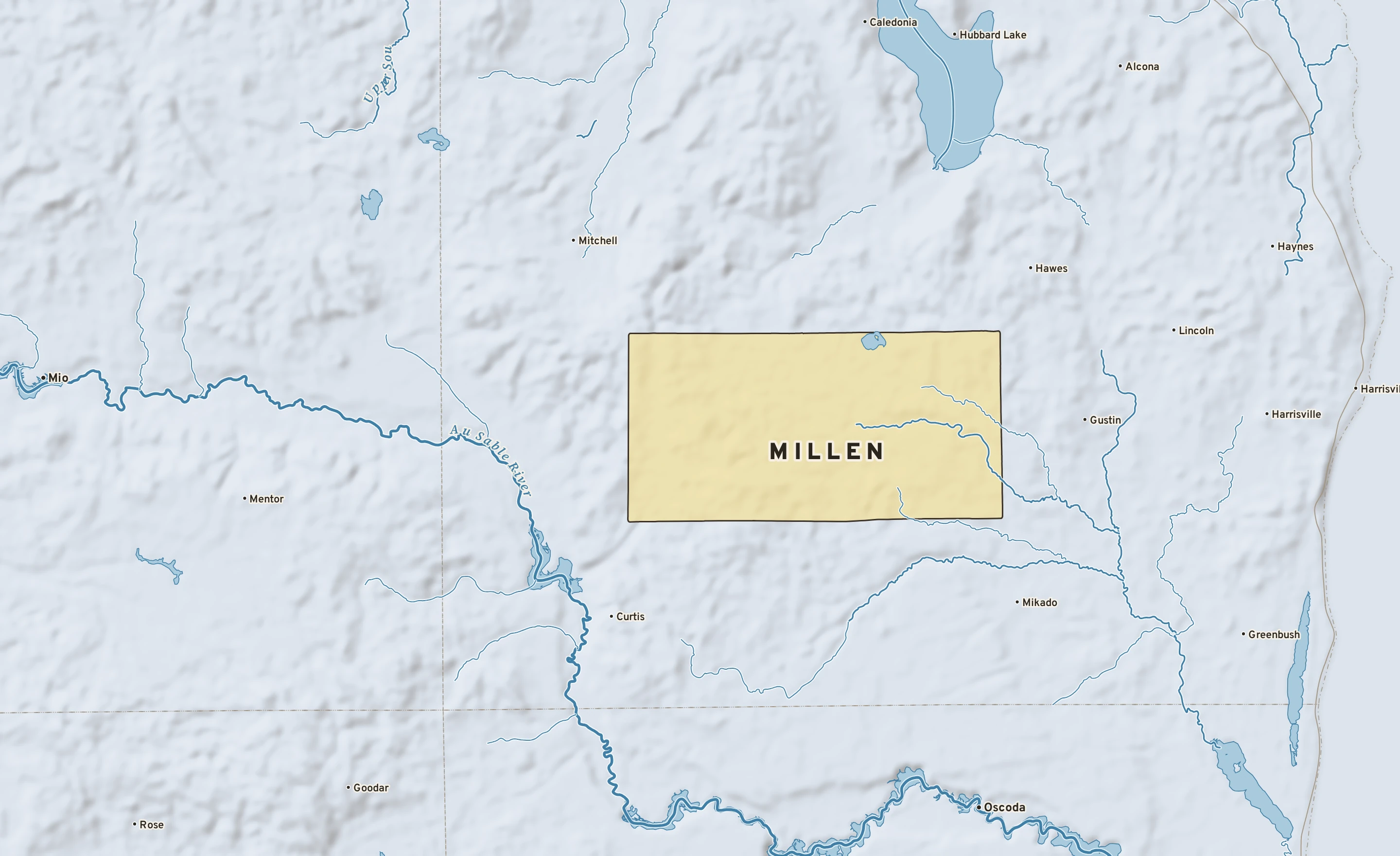 Shaded-relief atlas plate of Millen, Michigan: rivers, roads, the city limits and where the water drains.