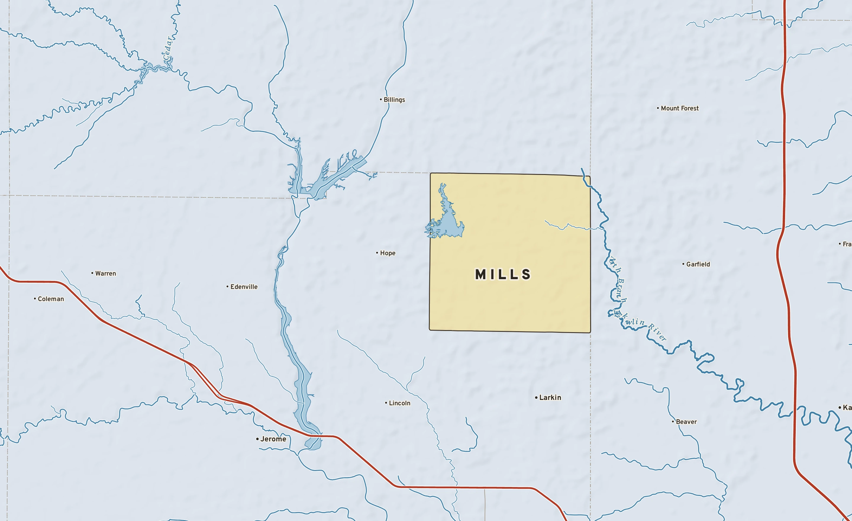 Shaded-relief atlas plate of Mills, Michigan: rivers, roads, the city limits and where the water drains.