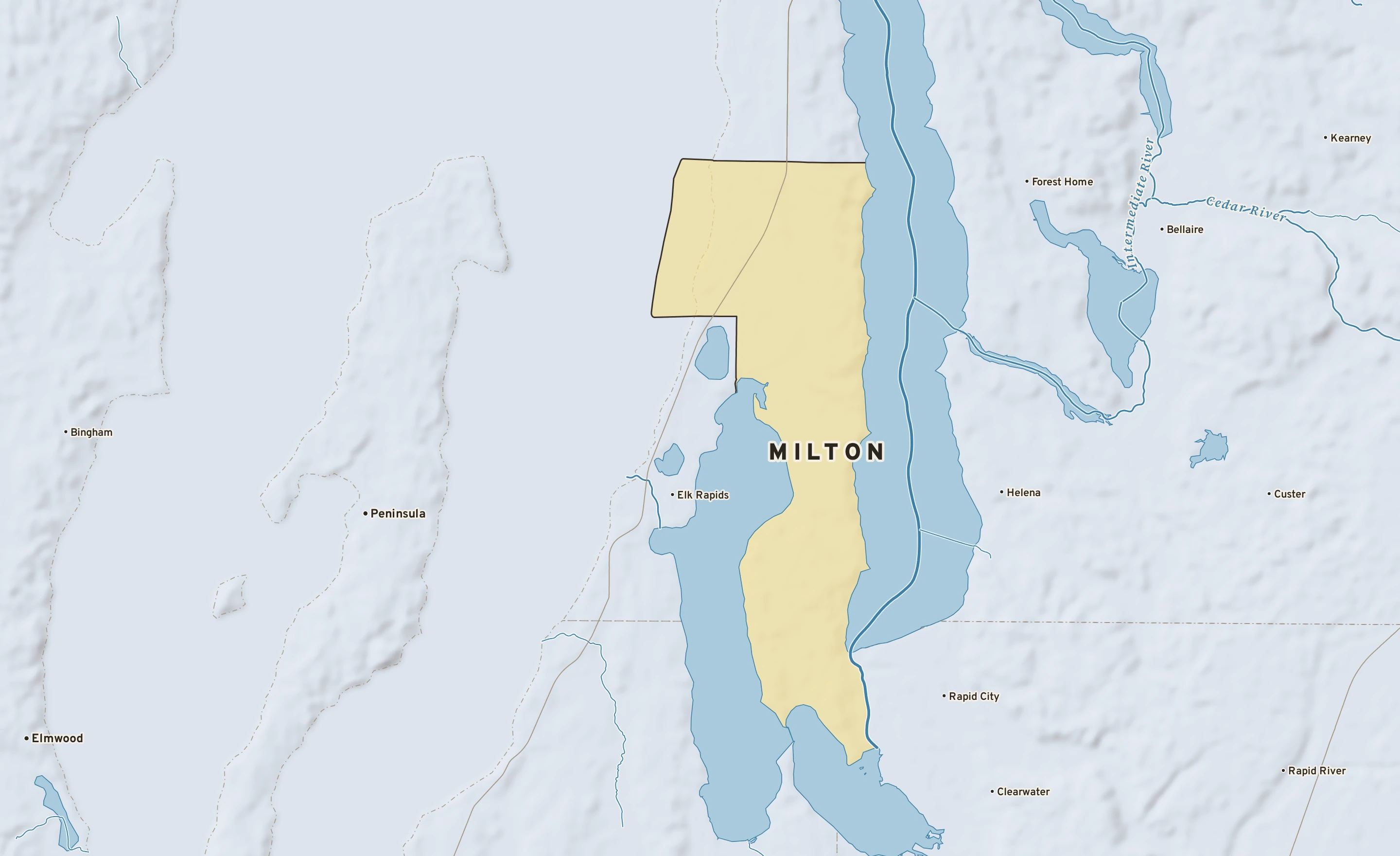 Shaded-relief atlas plate of Milton, Michigan: rivers, roads, the city limits and where the water drains.