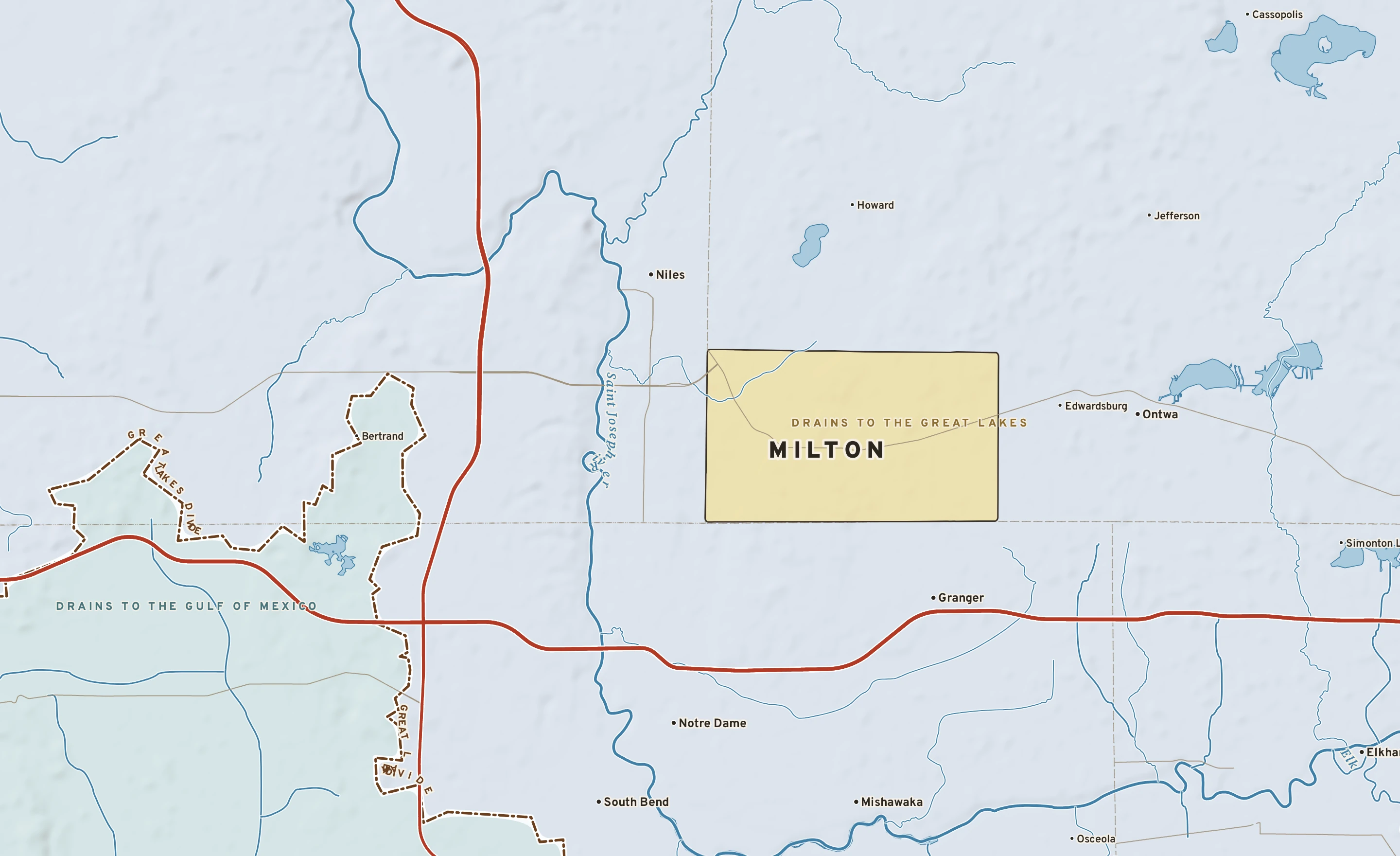 Shaded-relief atlas plate of Milton, Michigan: rivers, roads, the city limits and where the water drains.
