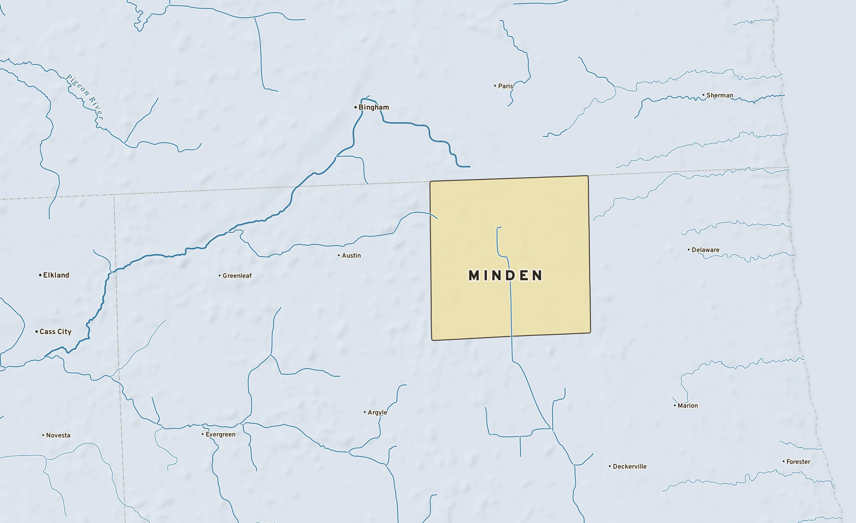 Shaded-relief atlas plate of Minden, Michigan: rivers, roads, the city limits and where the water drains.