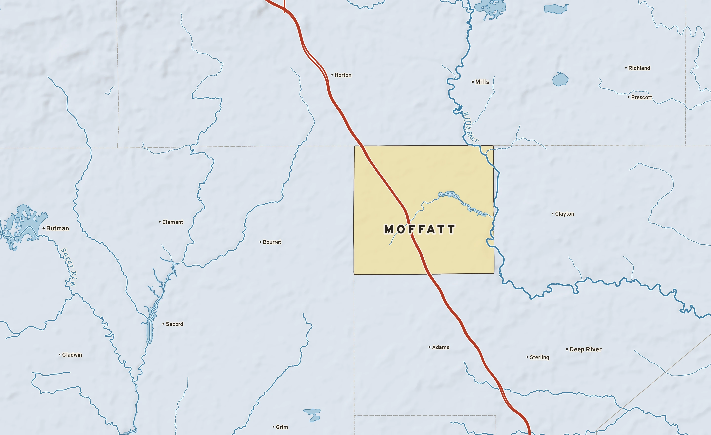 Shaded-relief atlas plate of Moffatt, Michigan: rivers, roads, the city limits and where the water drains.