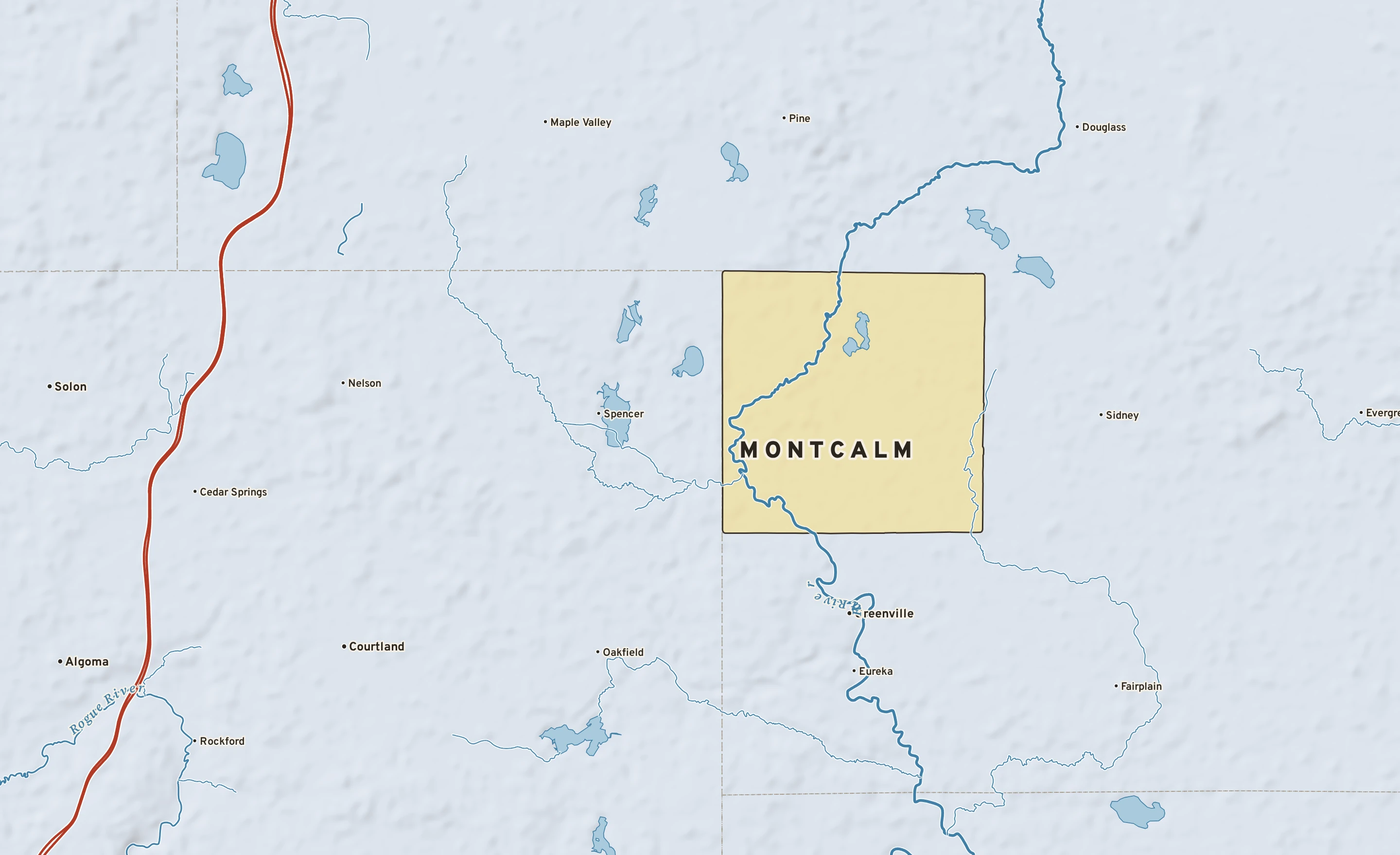 Shaded-relief atlas plate of Montcalm, Michigan: rivers, roads, the city limits and where the water drains.