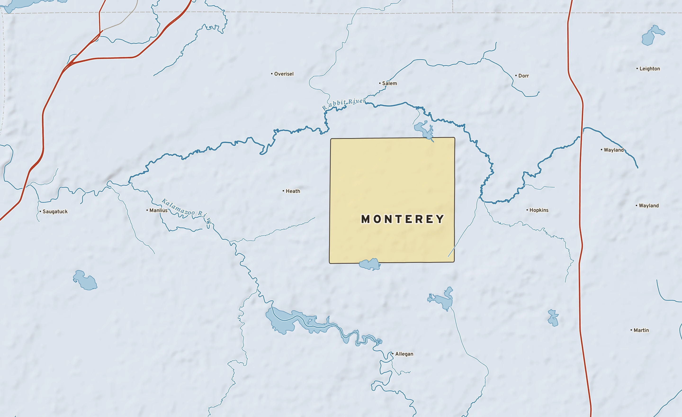 Shaded-relief atlas plate of Monterey, Michigan: rivers, roads, the city limits and where the water drains.