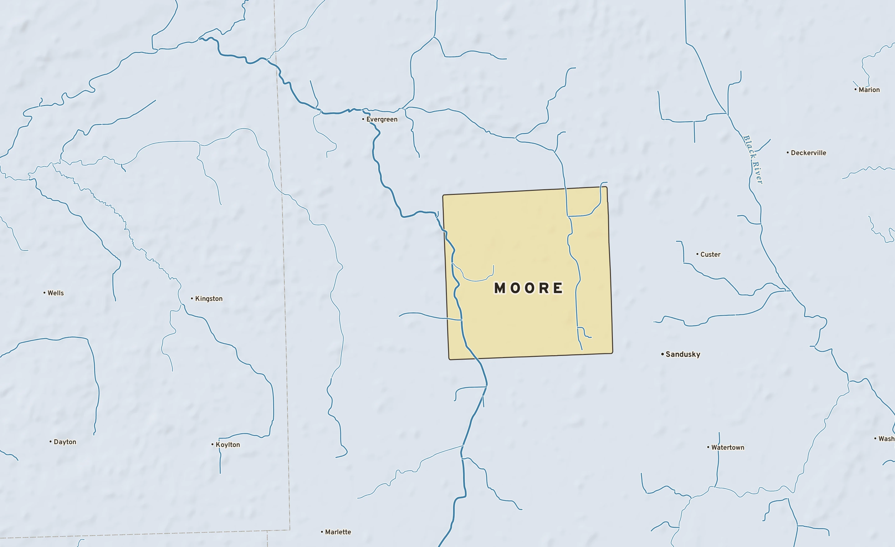 Shaded-relief atlas plate of Moore, Michigan: rivers, roads, the city limits and where the water drains.