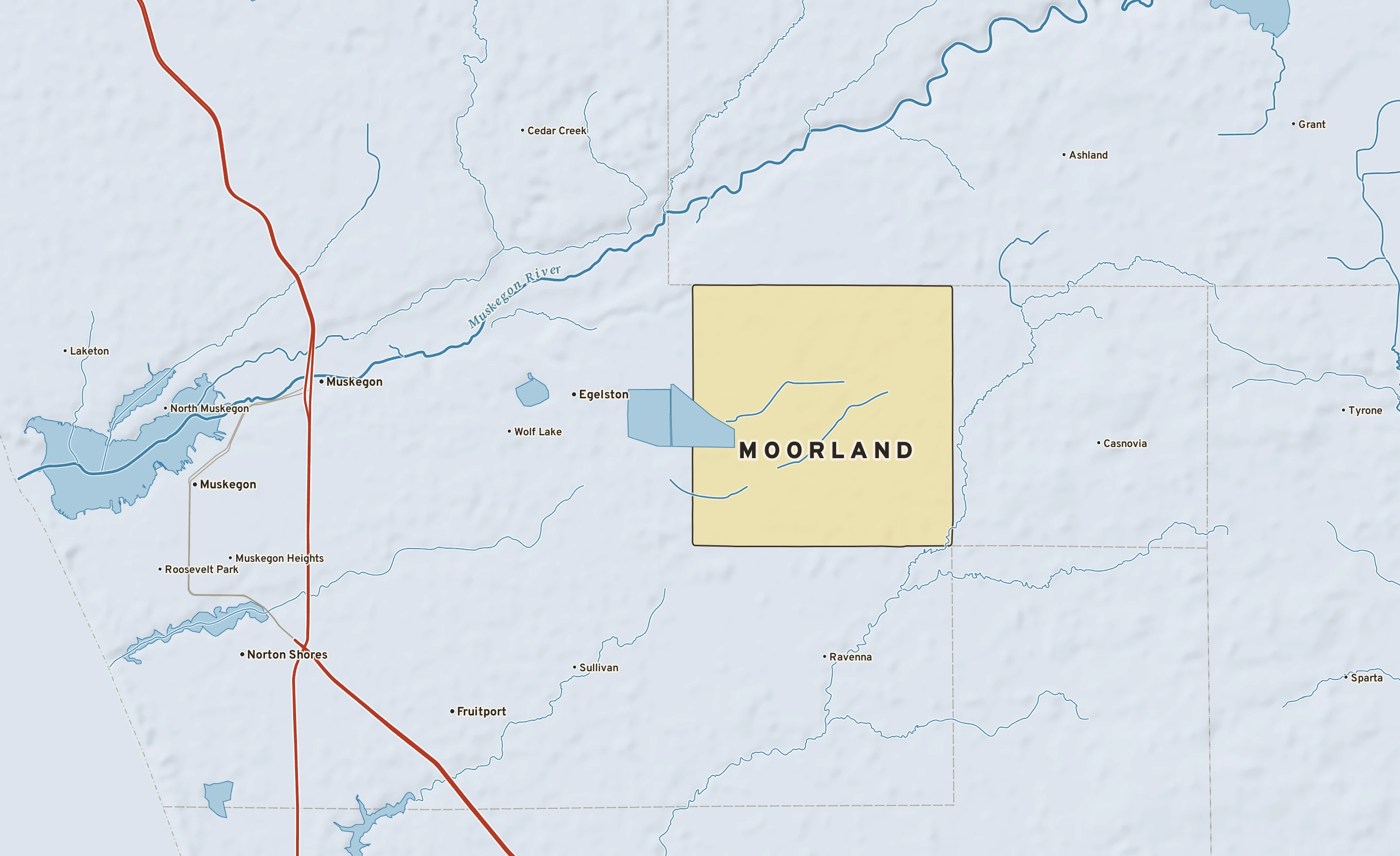 Shaded-relief atlas plate of Moorland, Michigan: rivers, roads, the city limits and where the water drains.