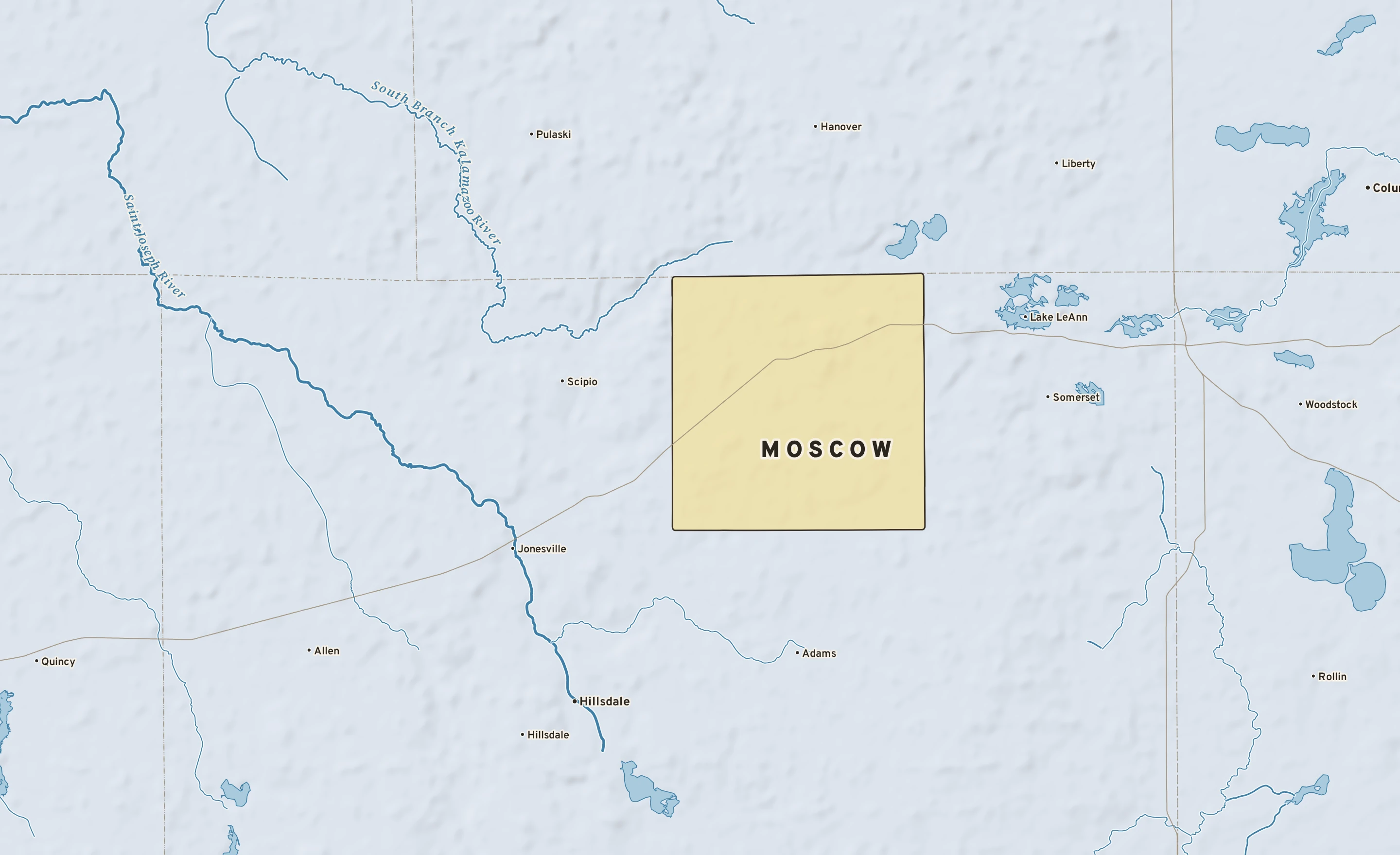 Shaded-relief atlas plate of Moscow, Michigan: rivers, roads, the city limits and where the water drains.
