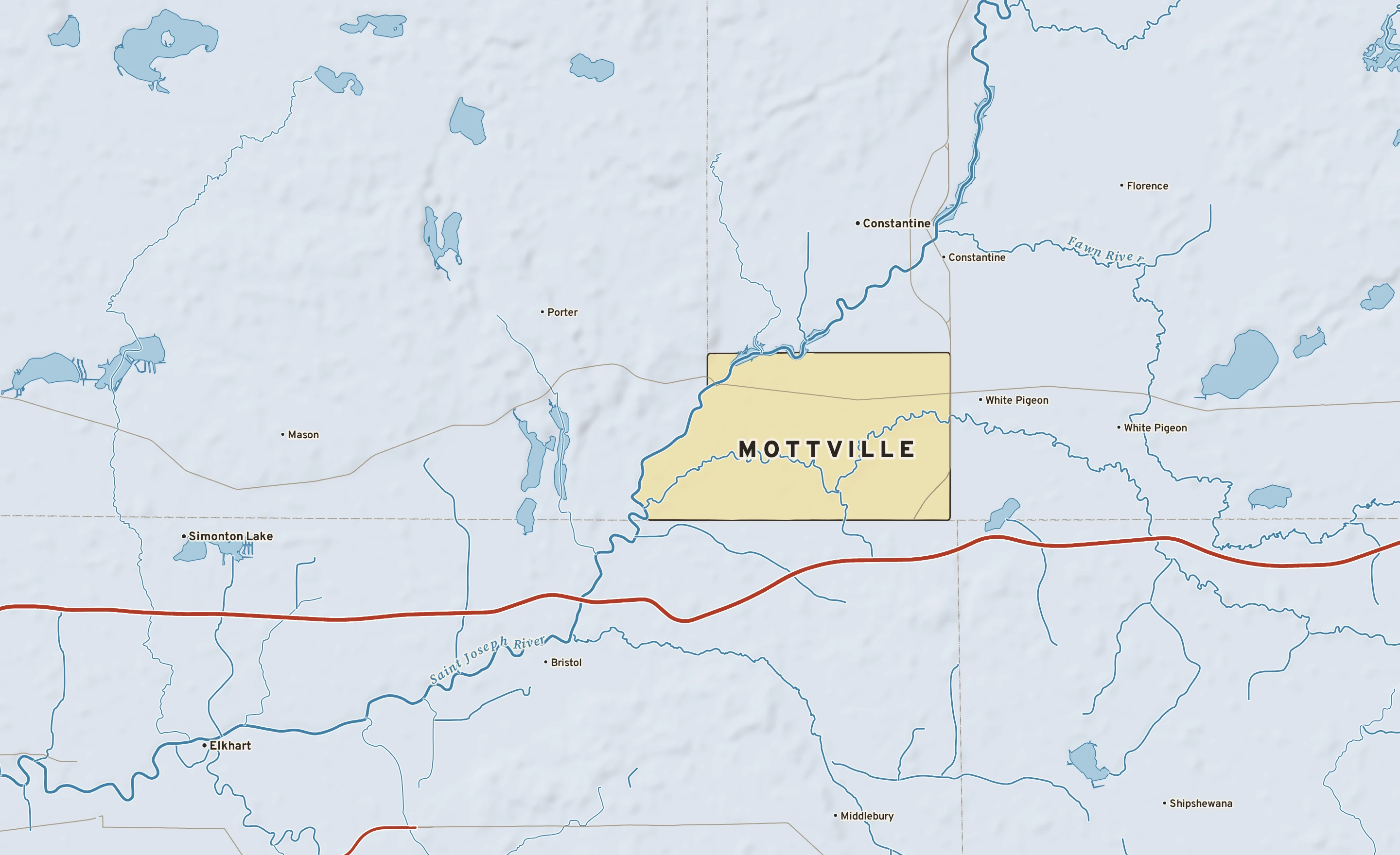 Shaded-relief atlas plate of Mottville, Michigan: rivers, roads, the city limits and where the water drains.