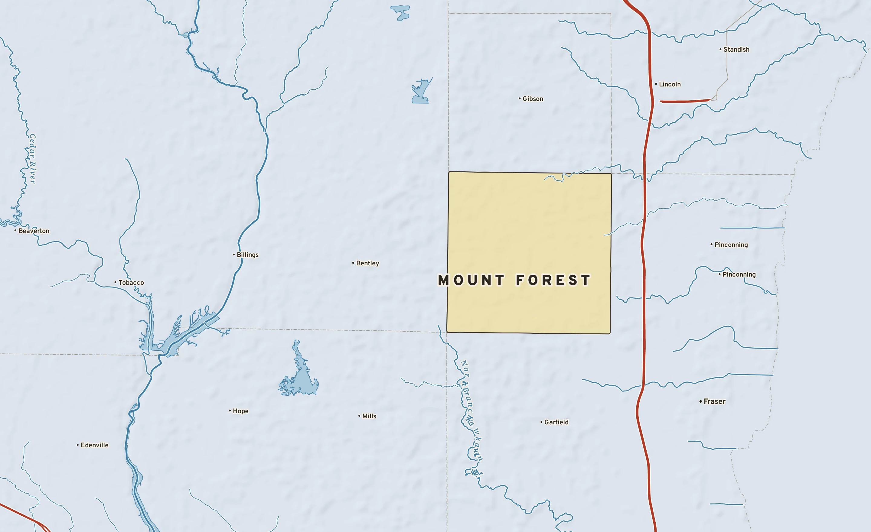 Shaded-relief atlas plate of Mount Forest, Michigan: rivers, roads, the city limits and where the water drains.