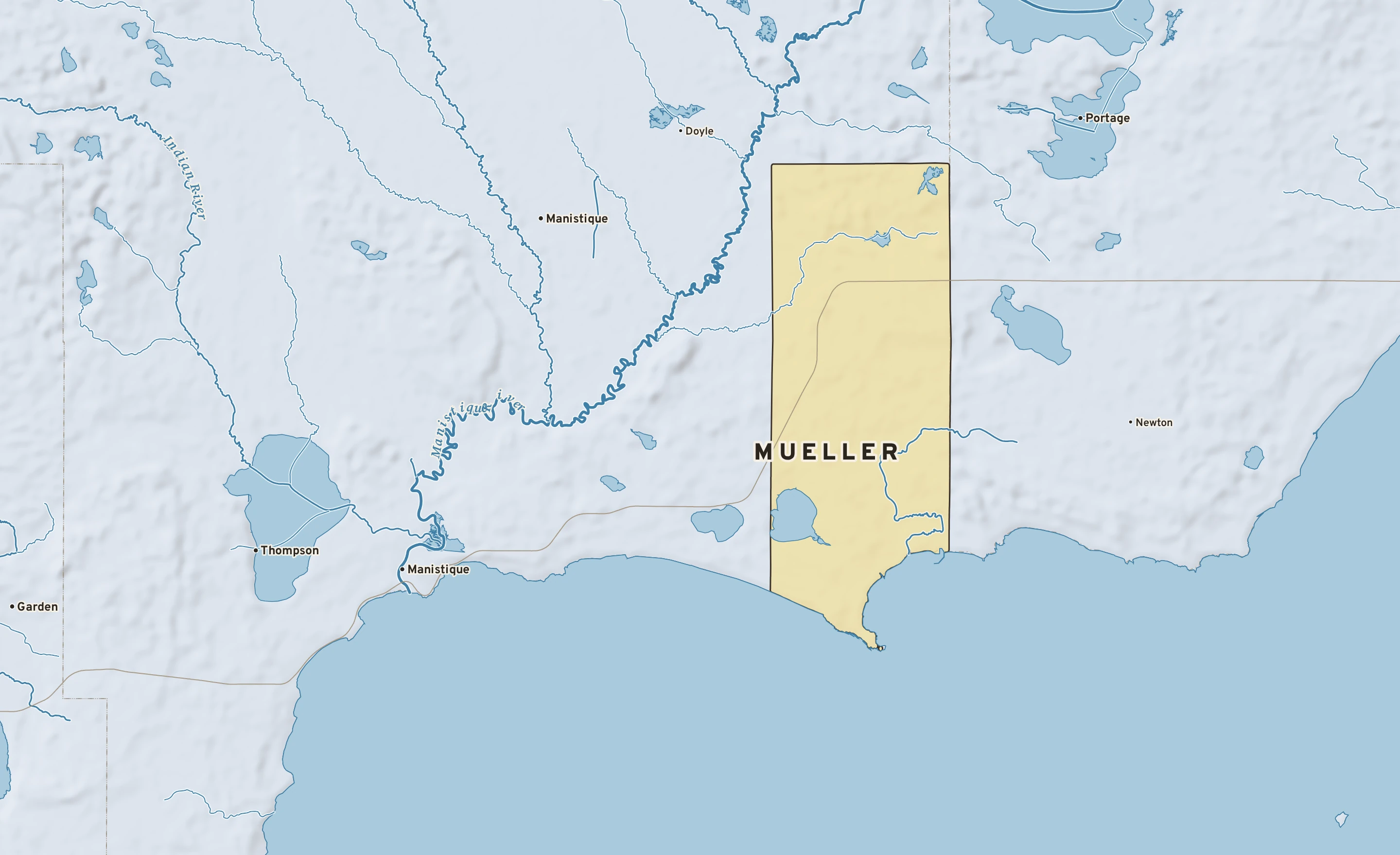 Shaded-relief atlas plate of Mueller, Michigan: rivers, roads, the city limits and where the water drains.
