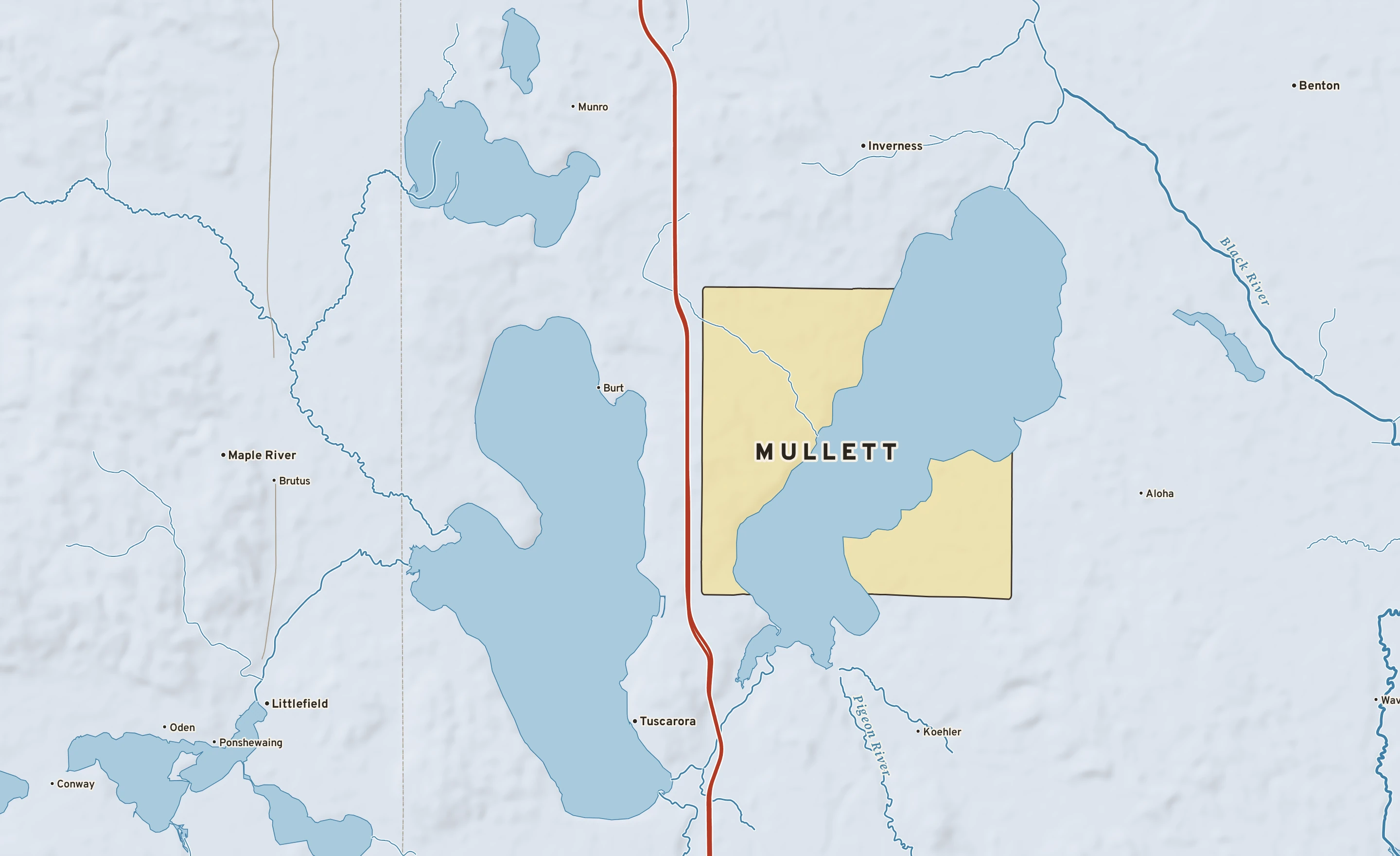 Shaded-relief atlas plate of Mullett, Michigan: rivers, roads, the city limits and where the water drains.