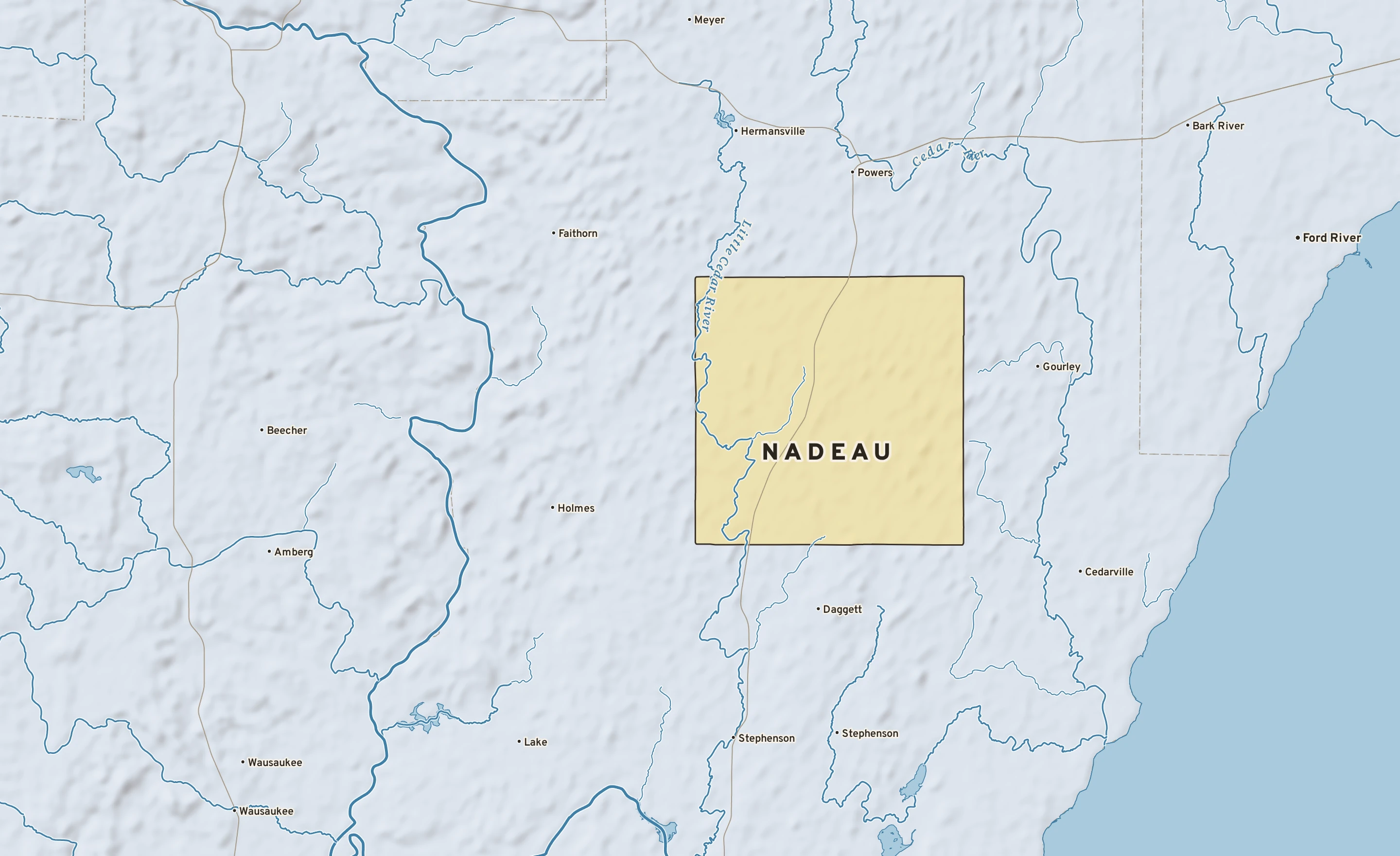 Shaded-relief atlas plate of Nadeau, Michigan: rivers, roads, the city limits and where the water drains.