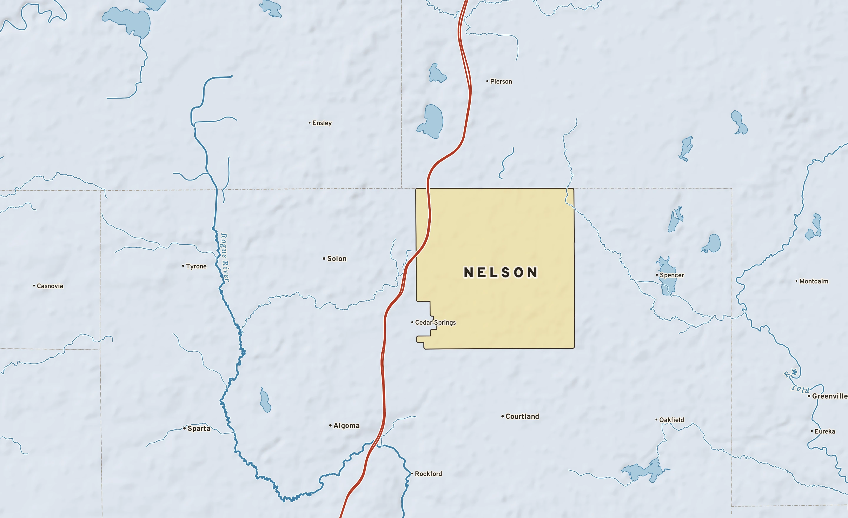 Shaded-relief atlas plate of Nelson, Michigan: rivers, roads, the city limits and where the water drains.