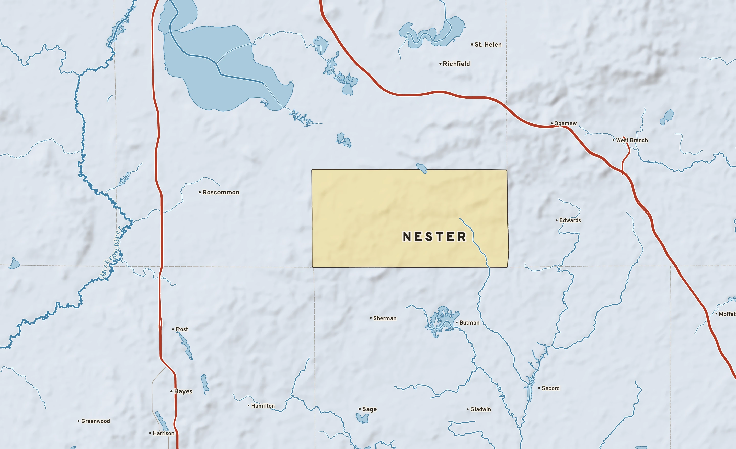 Shaded-relief atlas plate of Nester, Michigan: rivers, roads, the city limits and where the water drains.