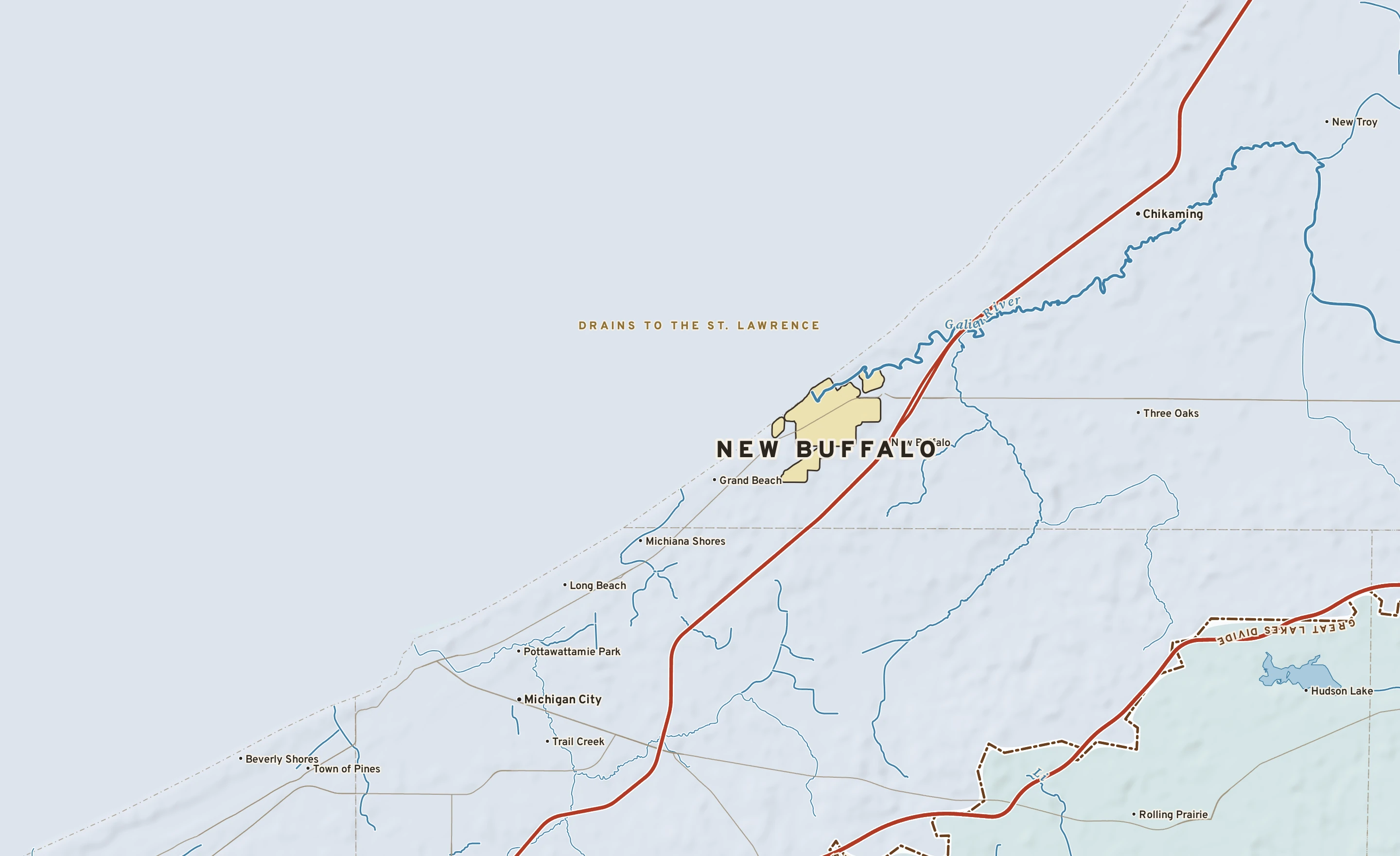 Shaded-relief atlas plate of New Buffalo, Michigan: rivers, roads, the city limits and where the water drains.