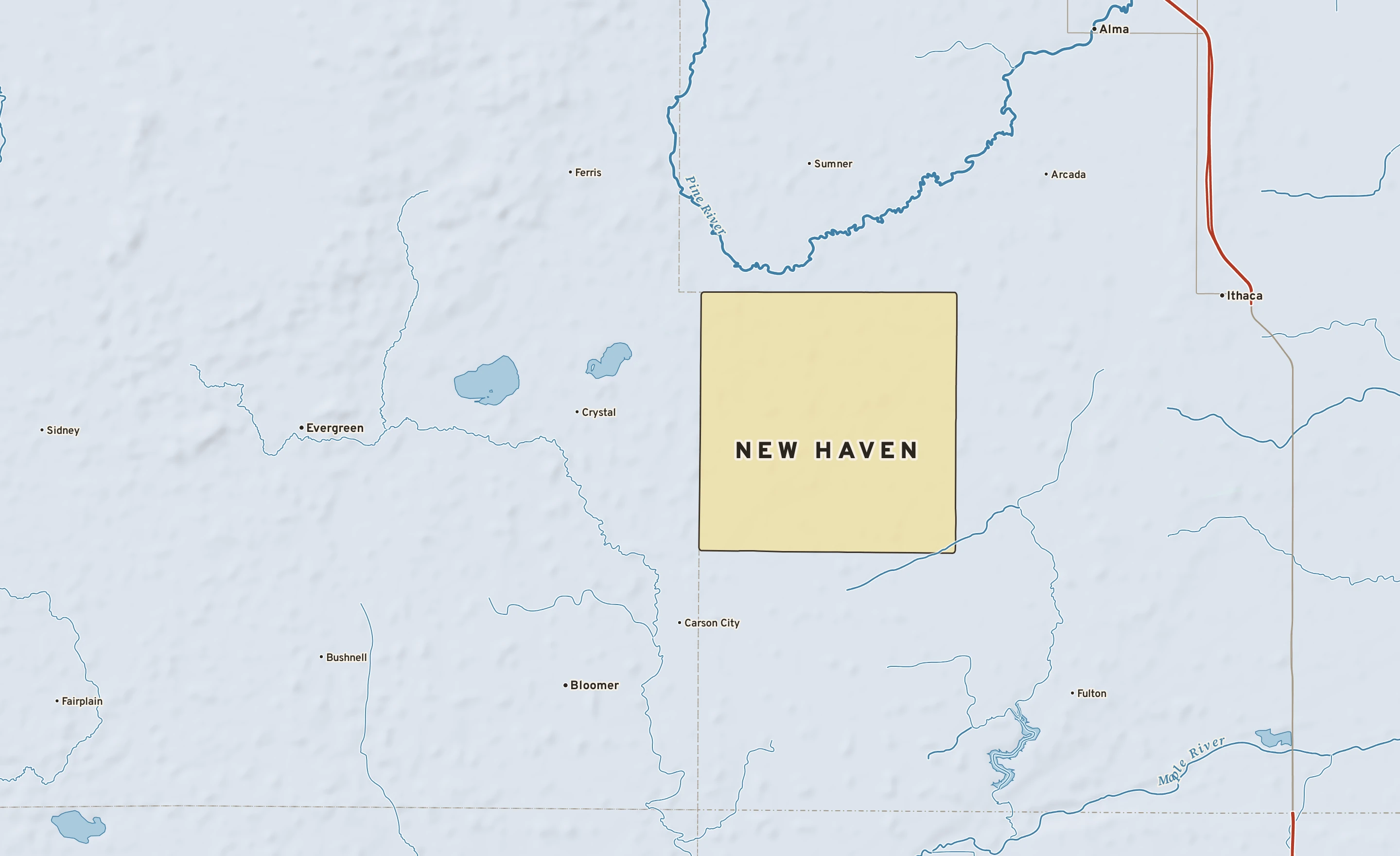 Shaded-relief atlas plate of New Haven, Michigan: rivers, roads, the city limits and where the water drains.