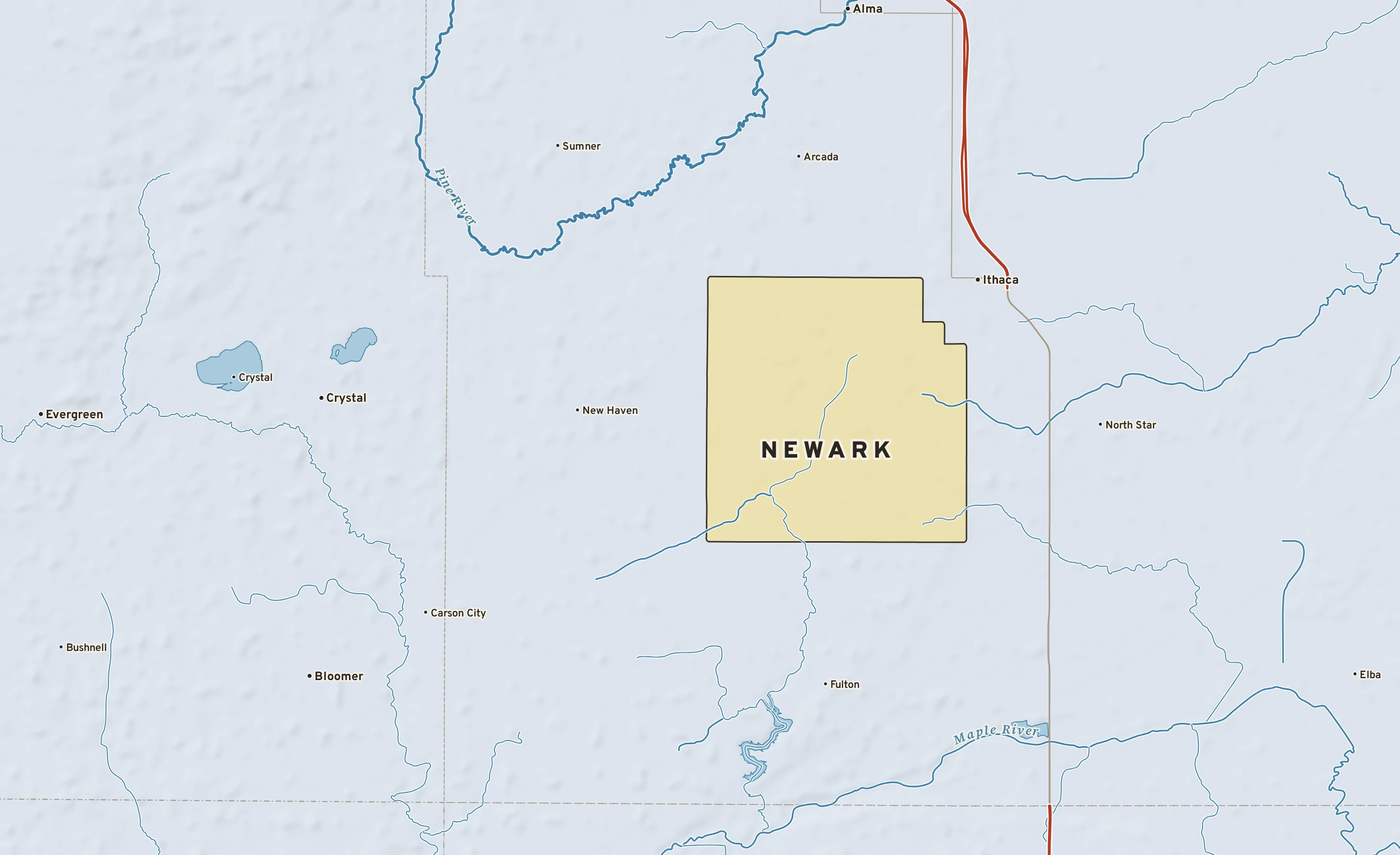 Shaded-relief atlas plate of Newark, Michigan: rivers, roads, the city limits and where the water drains.