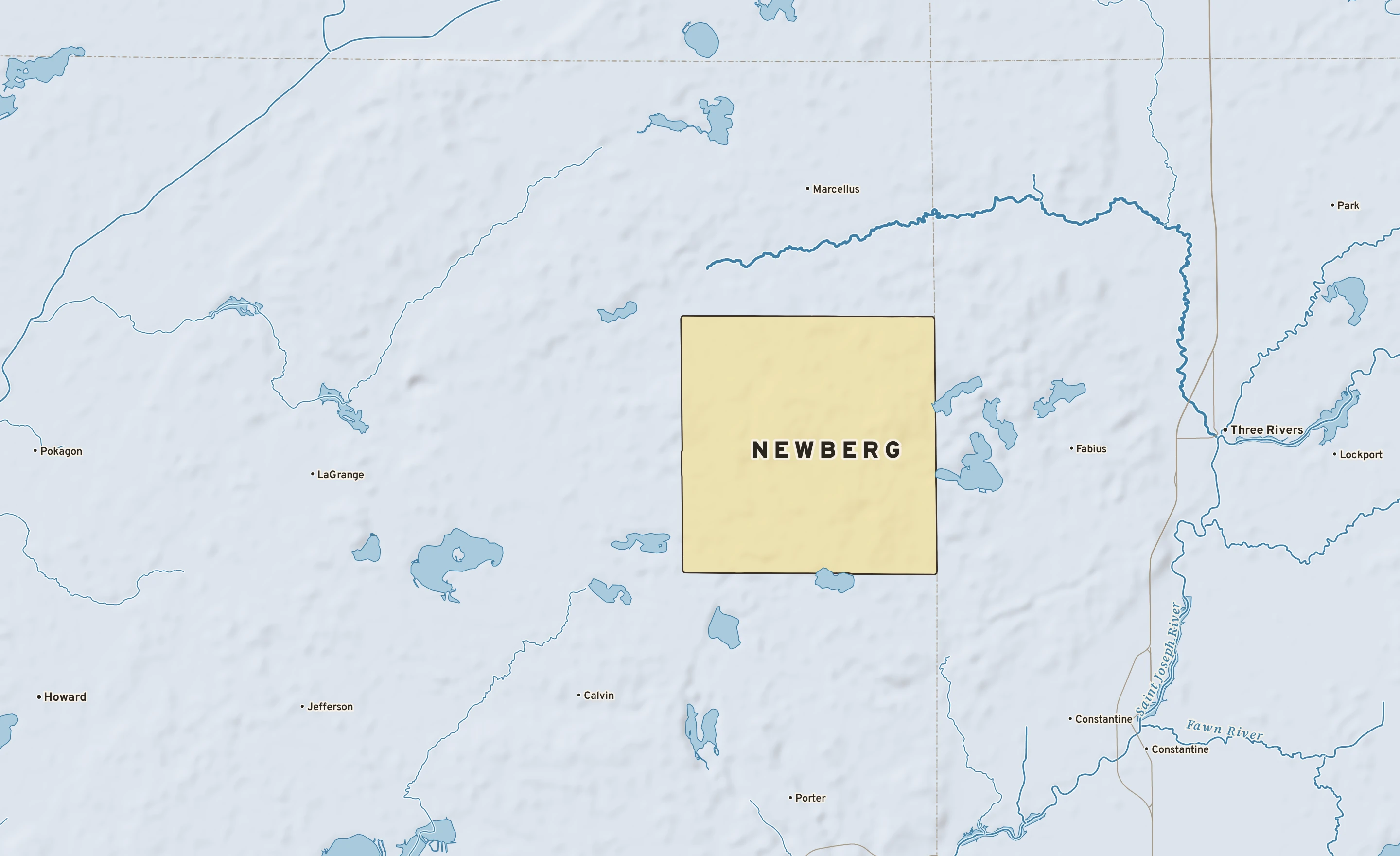 Shaded-relief atlas plate of Newberg, Michigan: rivers, roads, the city limits and where the water drains.