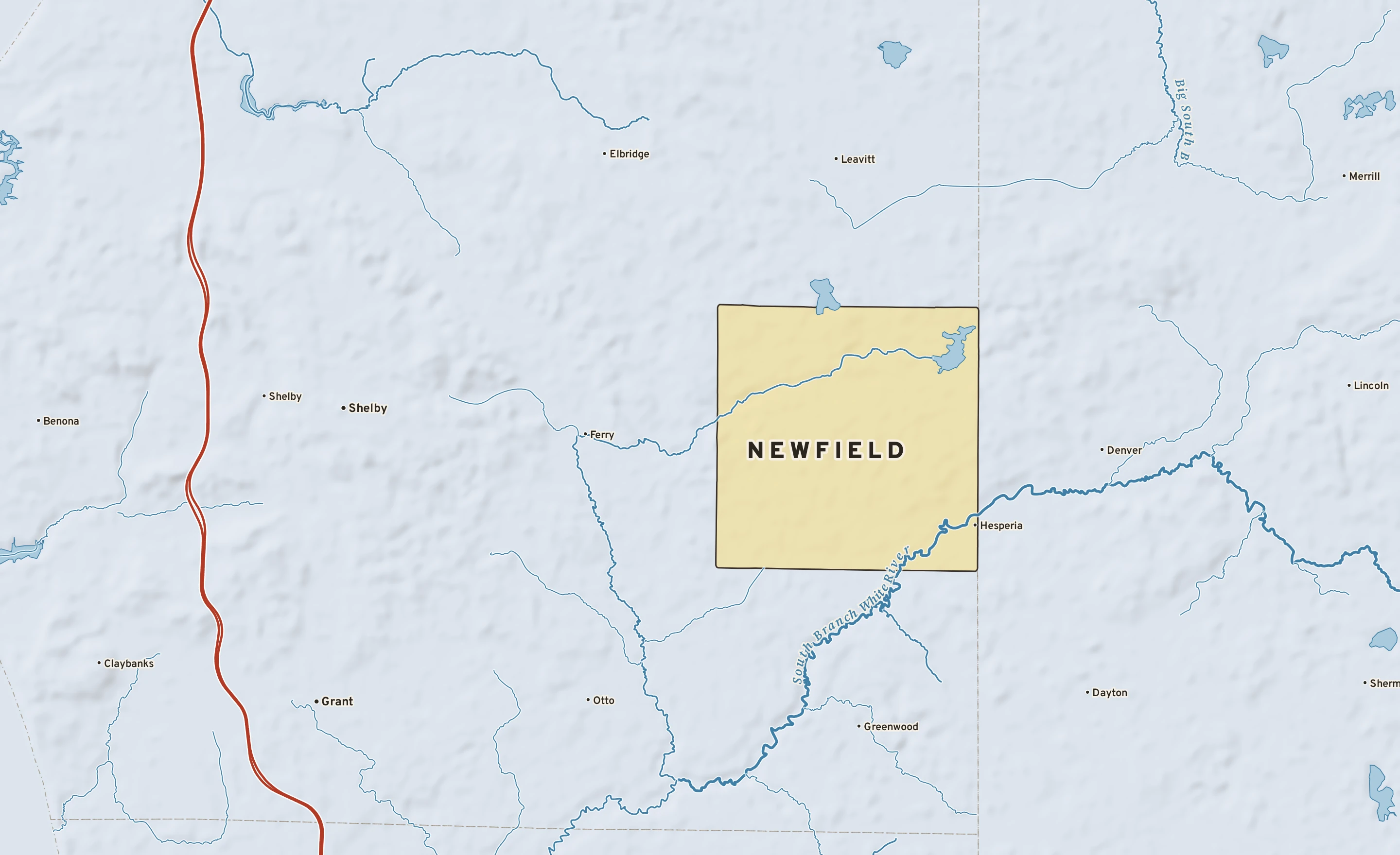 Shaded-relief atlas plate of Newfield, Michigan: rivers, roads, the city limits and where the water drains.