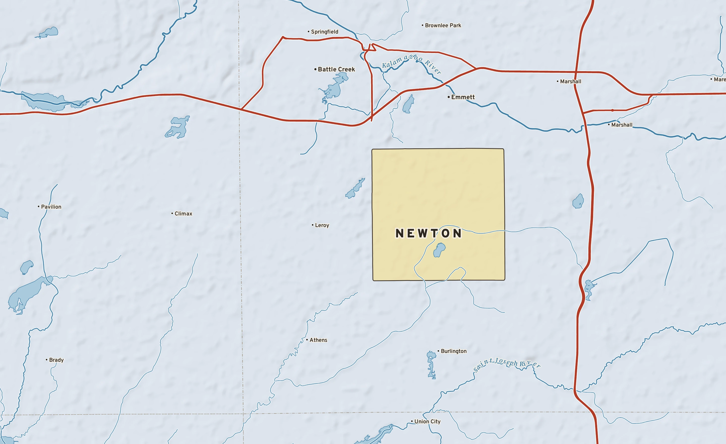Shaded-relief atlas plate of Newton, Michigan: rivers, roads, the city limits and where the water drains.