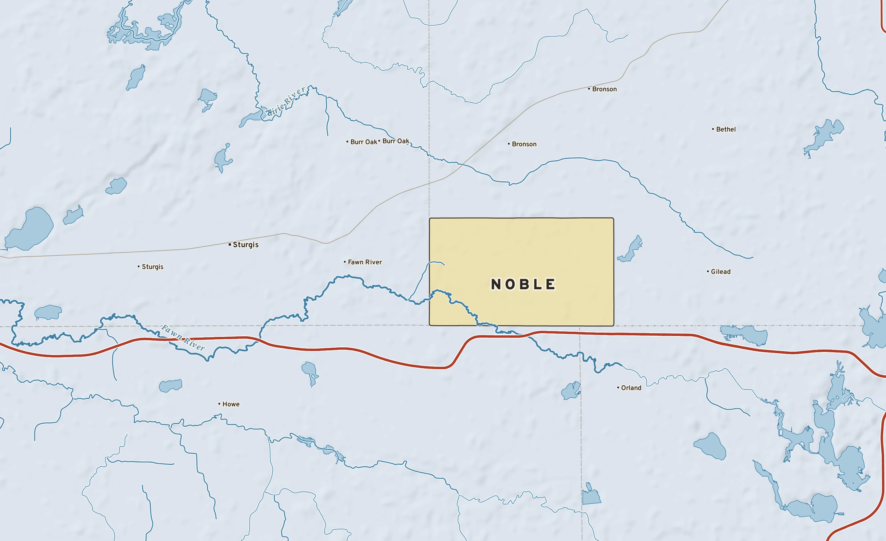 Shaded-relief atlas plate of Noble, Michigan: rivers, roads, the city limits and where the water drains.