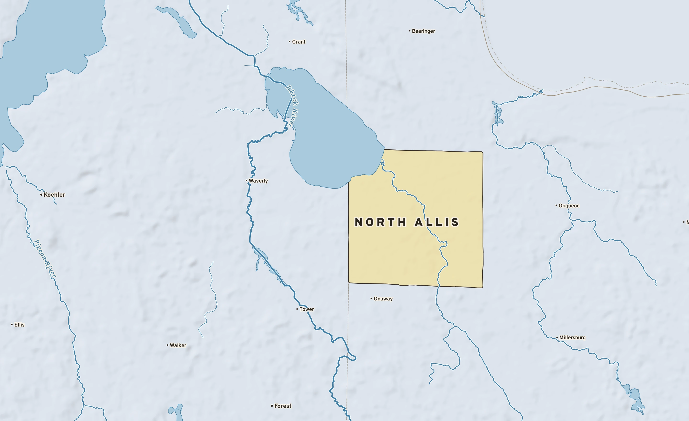 Shaded-relief atlas plate of North Allis, Michigan: rivers, roads, the city limits and where the water drains.