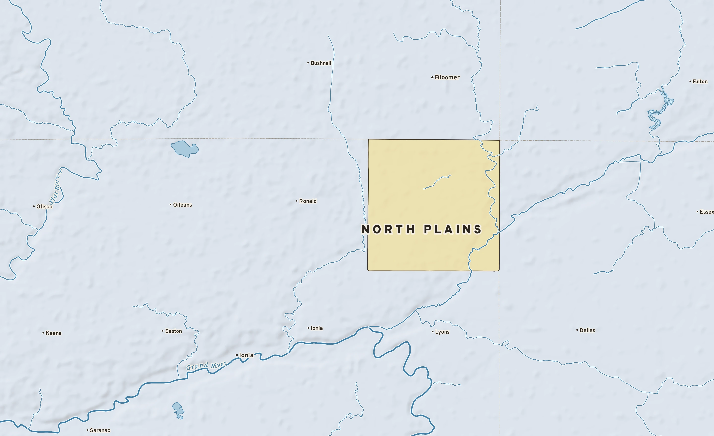 Shaded-relief atlas plate of North Plains, Michigan: rivers, roads, the city limits and where the water drains.