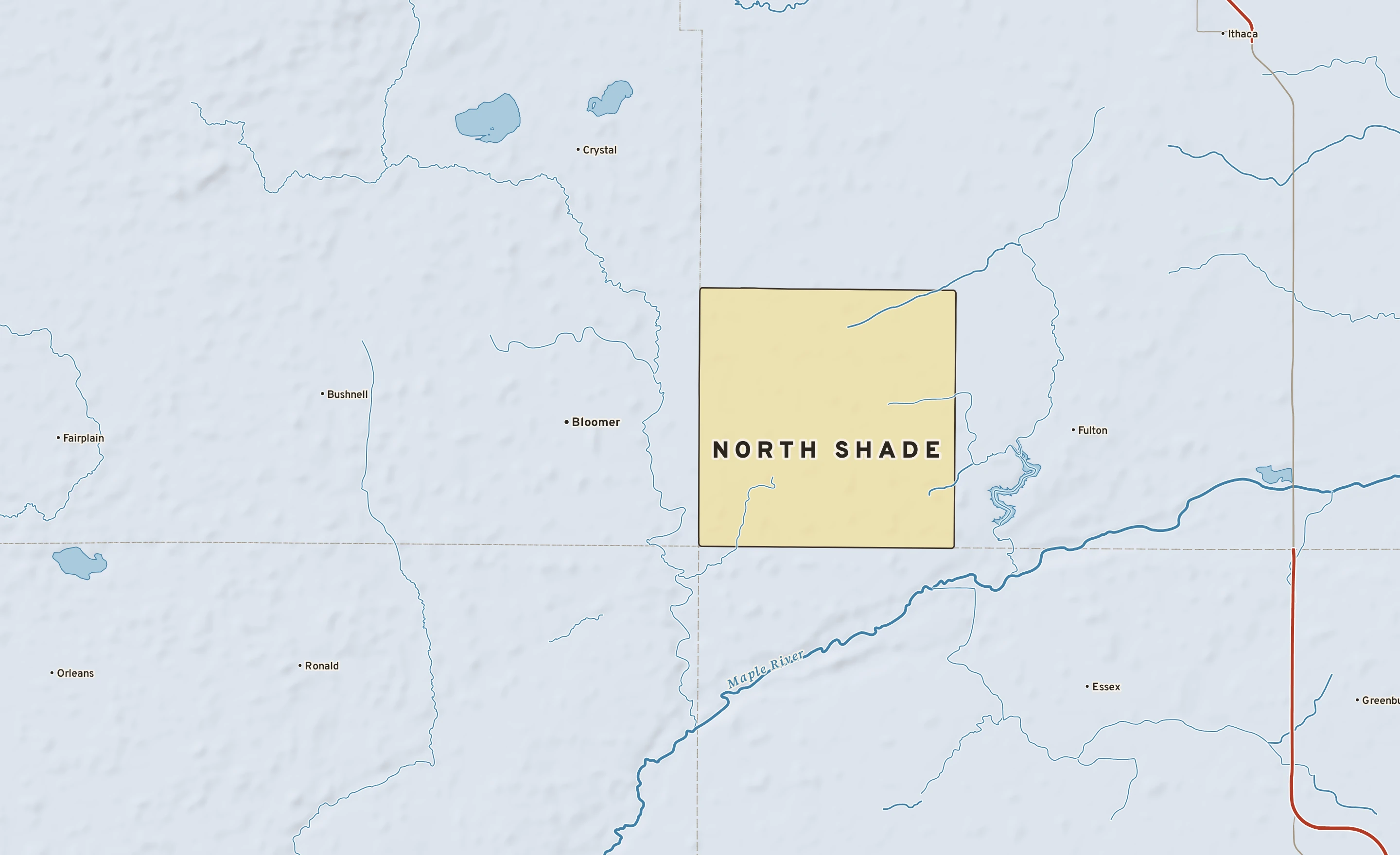 Shaded-relief atlas plate of North Shade, Michigan: rivers, roads, the city limits and where the water drains.