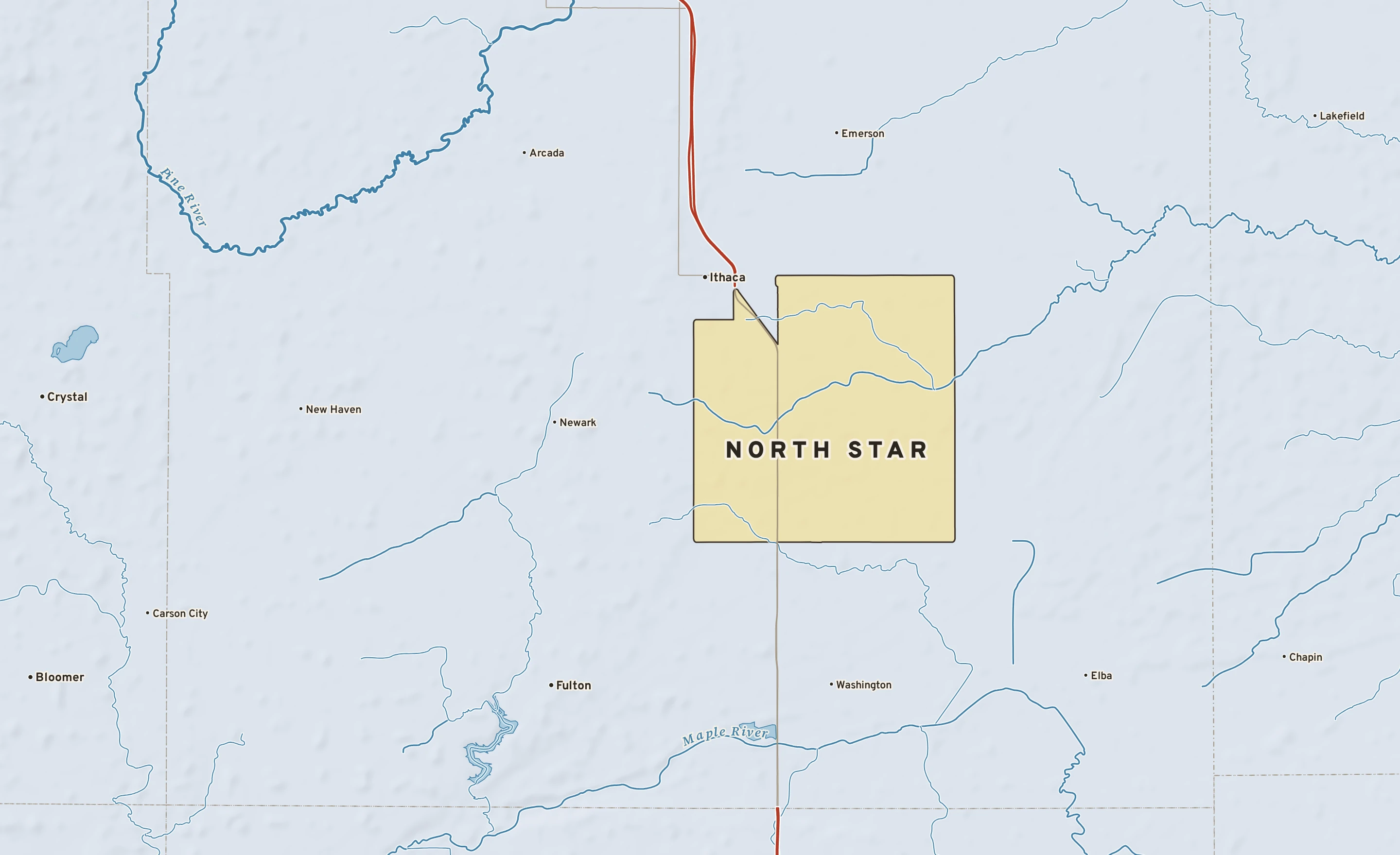 Shaded-relief atlas plate of North Star, Michigan: rivers, roads, the city limits and where the water drains.