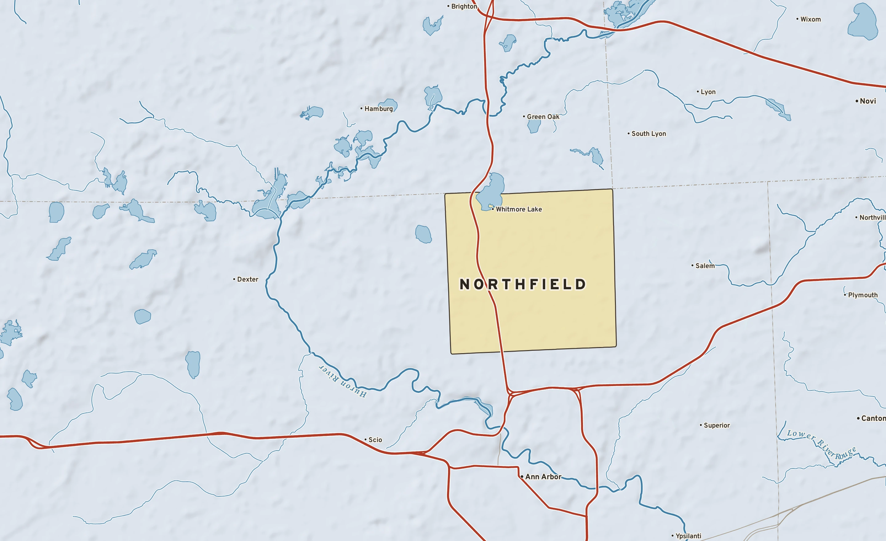 Shaded-relief atlas plate of Northfield, Michigan: rivers, roads, the city limits and where the water drains.