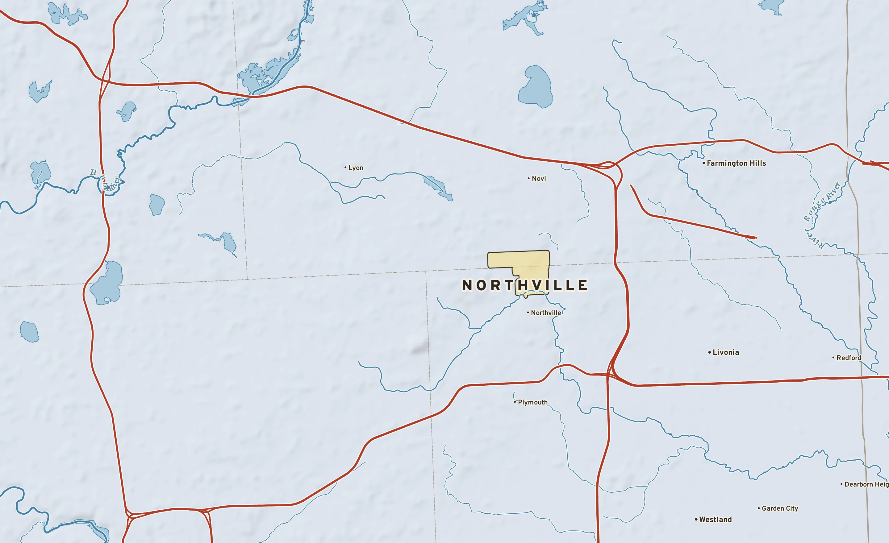 Shaded-relief atlas plate of Northville, Michigan: rivers, roads, the city limits and where the water drains.