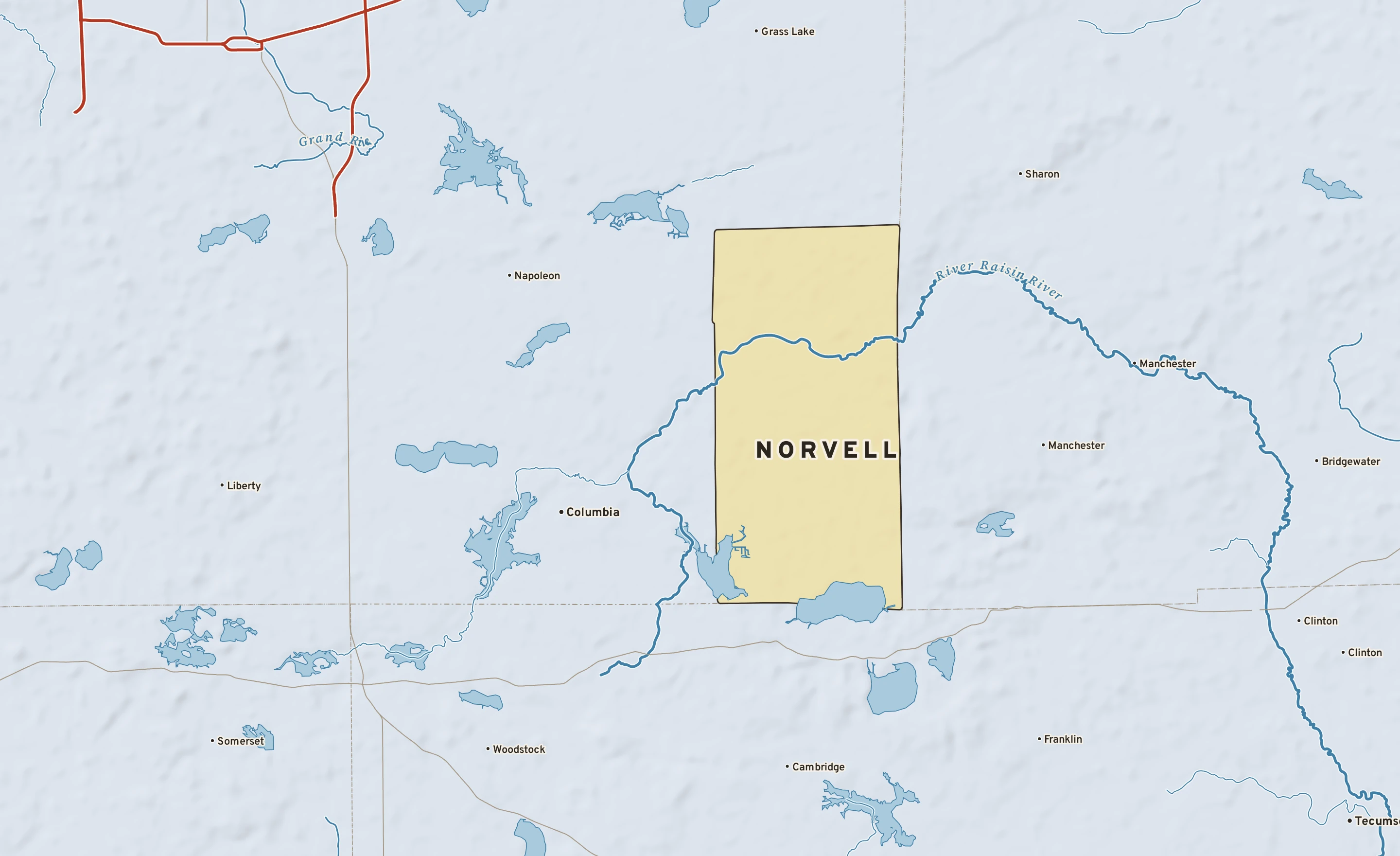 Shaded-relief atlas plate of Norvell, Michigan: rivers, roads, the city limits and where the water drains.